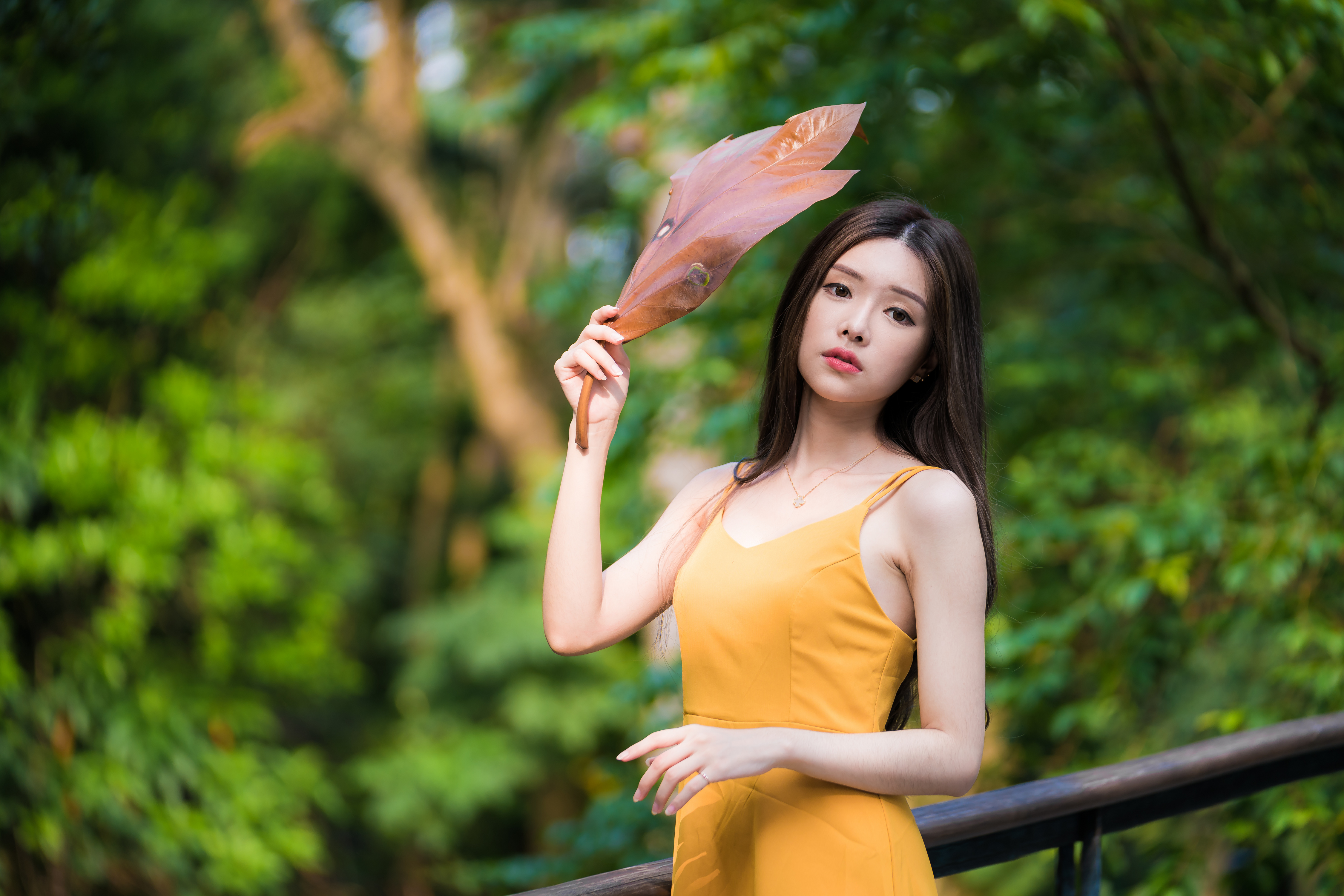 Asian Model Women Long Hair Dark Hair Depth Of Field Yellow Dress Leaves Necklace Looking At Viewer  4500x3002