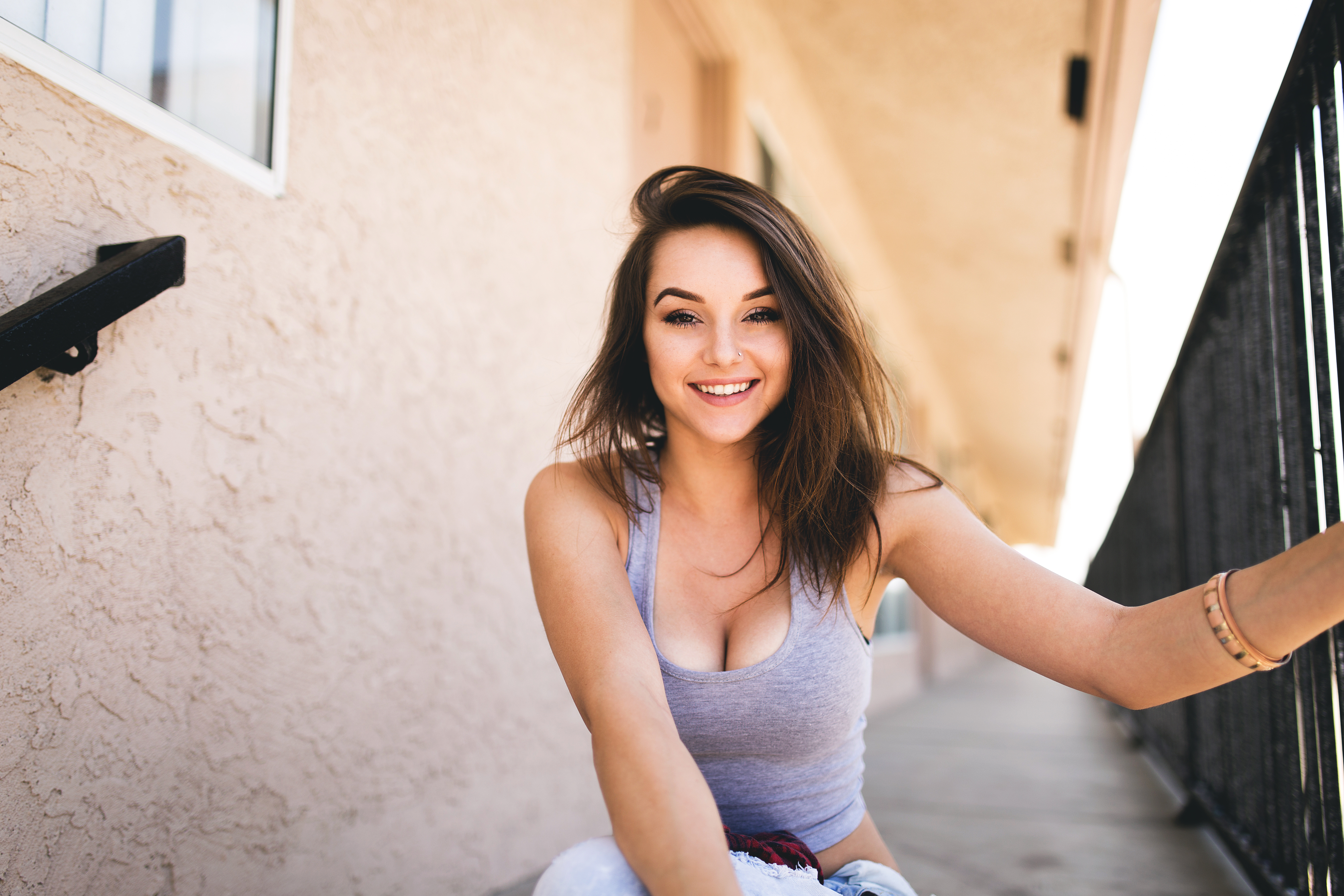 Women Model Portrait Smiling Looking At Viewer Grey Tops Sitting Outdoors Women Outdoors Depth Of Fi 5472x3648