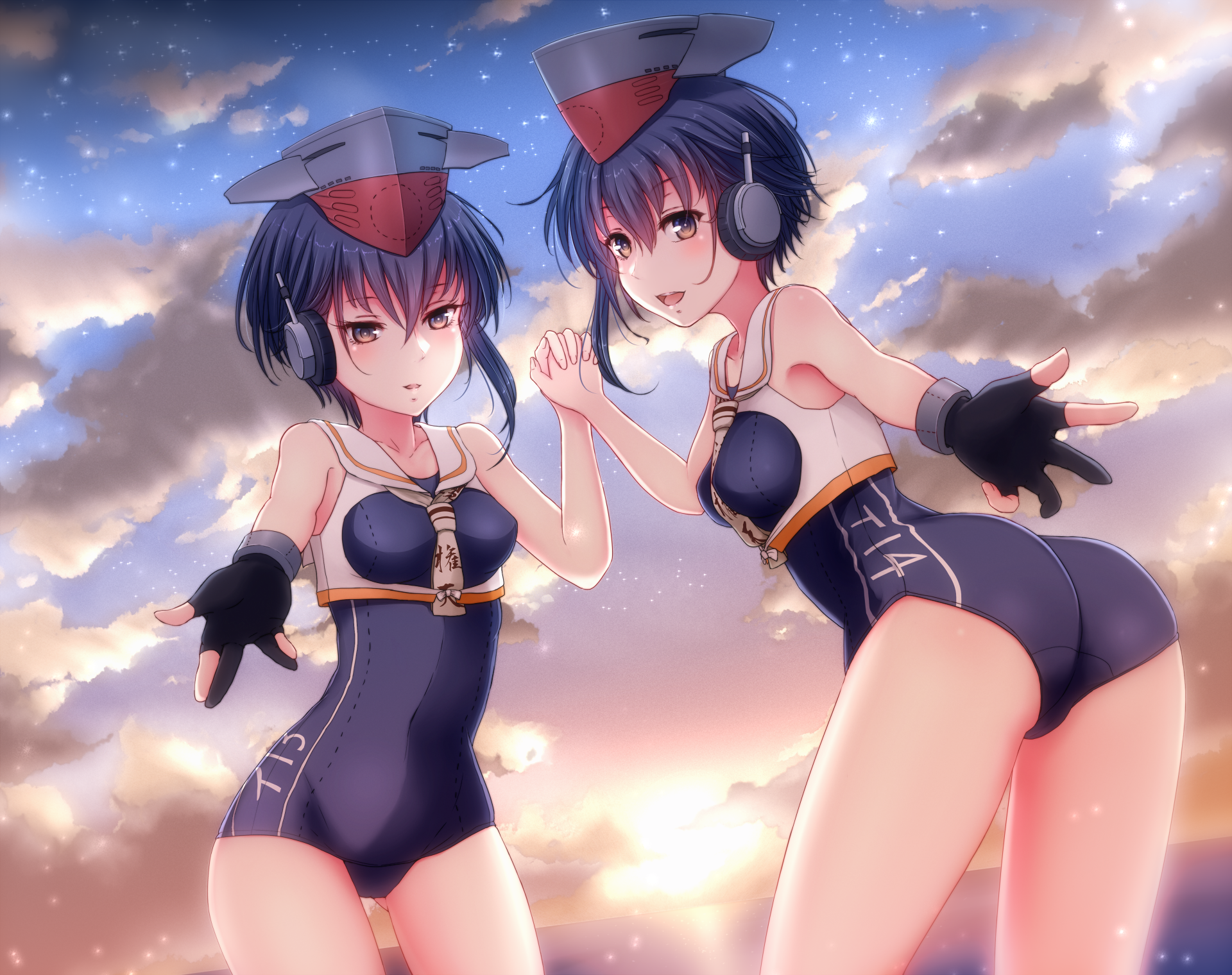 Anime Anime Girls Kantai Collection I 13 KanColle I 14 KanColle Twins Holding Hands Short Hair Black 1920x1520