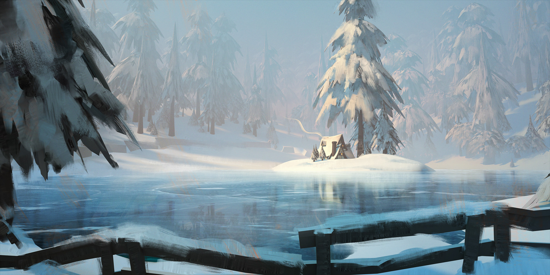 Digital Art Fantasy Art Thomas Stoop Winter Frozen Lake Snow Snowy Mountain Trees Cabin Lake 1920x960