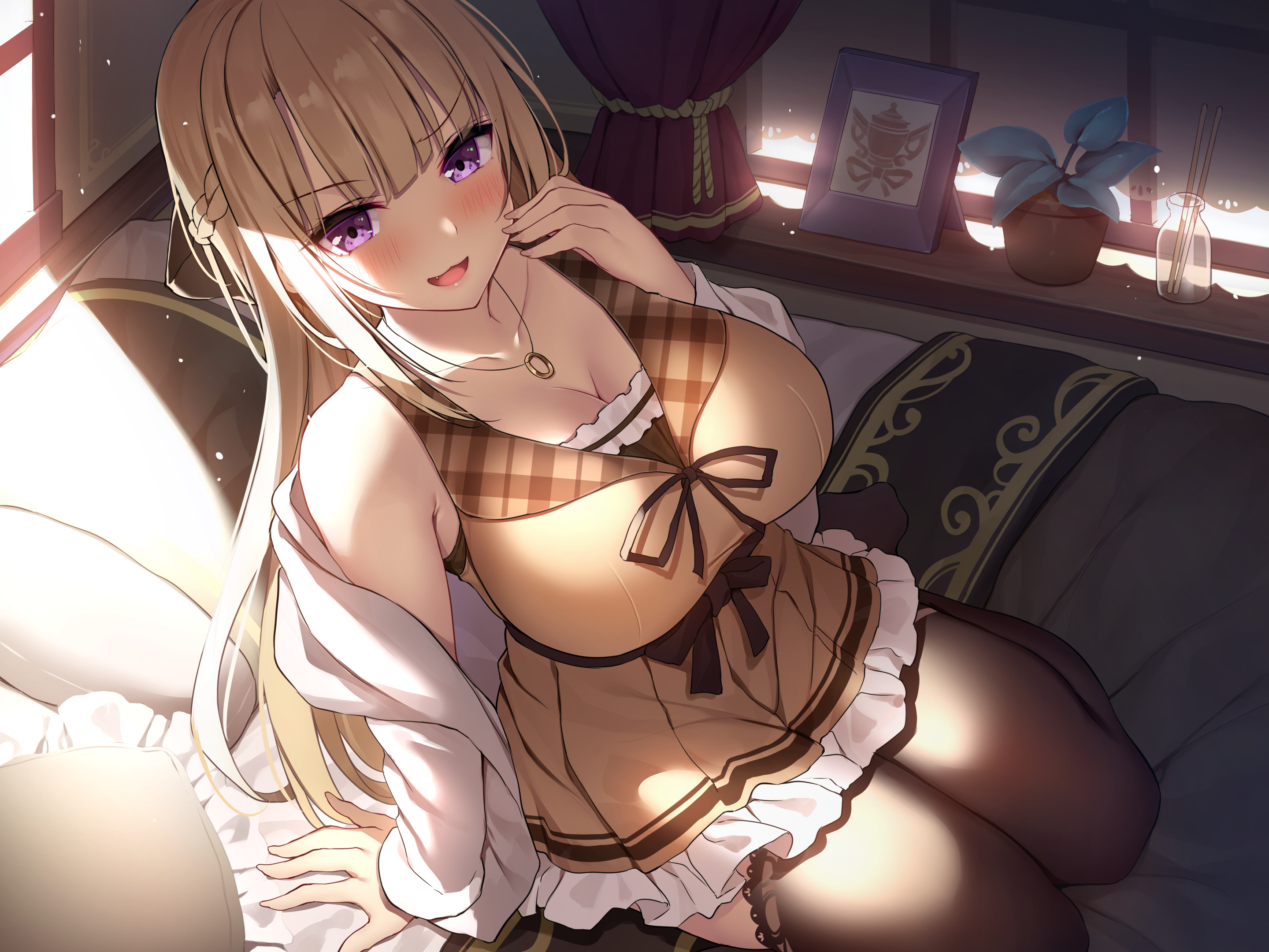 Anime Anime Girls Execut3r Artwork Blonde Purple Eyes Blushing In Bed Dress Thigh Highs 2880x2160
