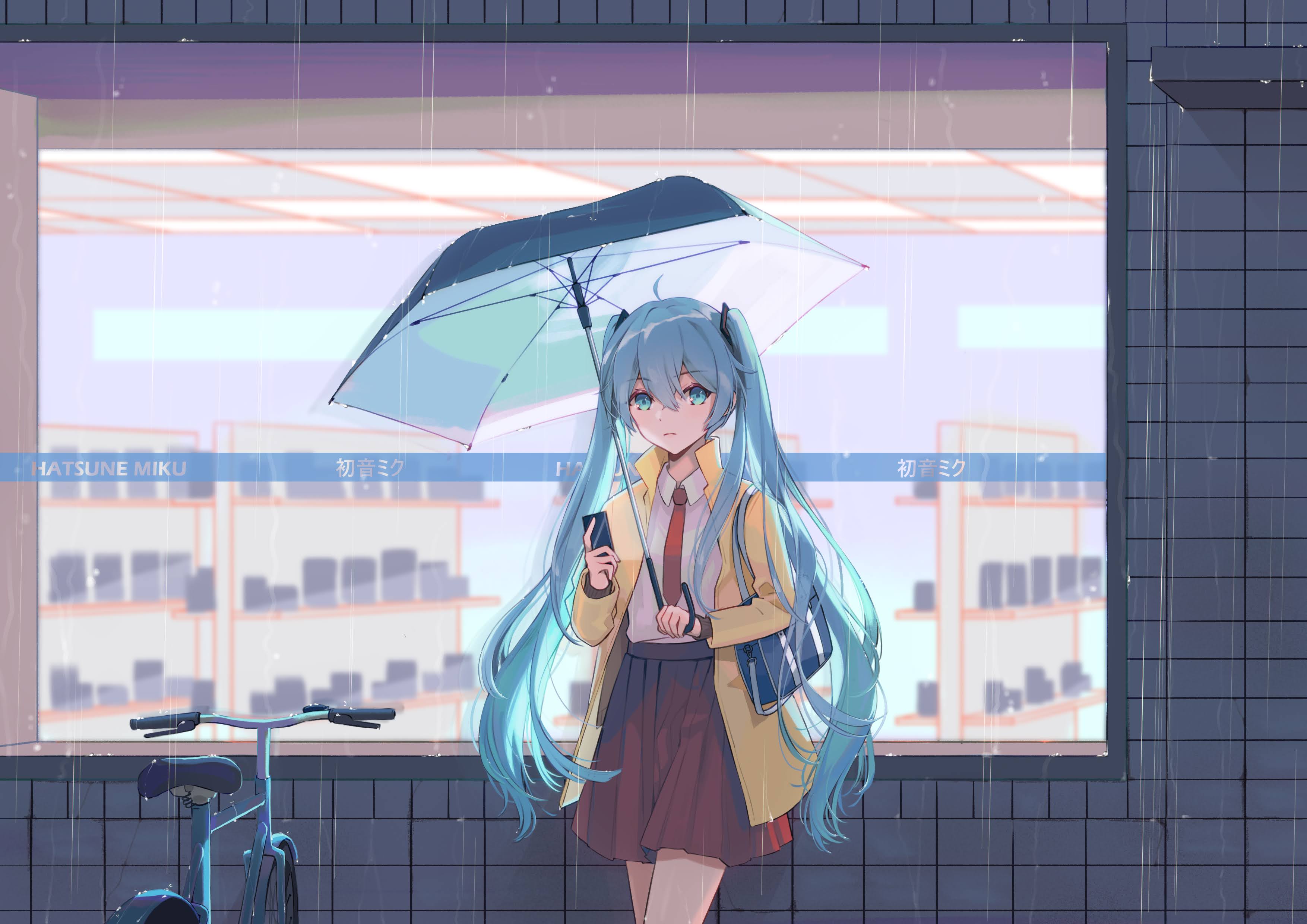 Anime Anime Girls Hatsune Miku Vocaloid Umbrella Rain School Uniform 3508x2480