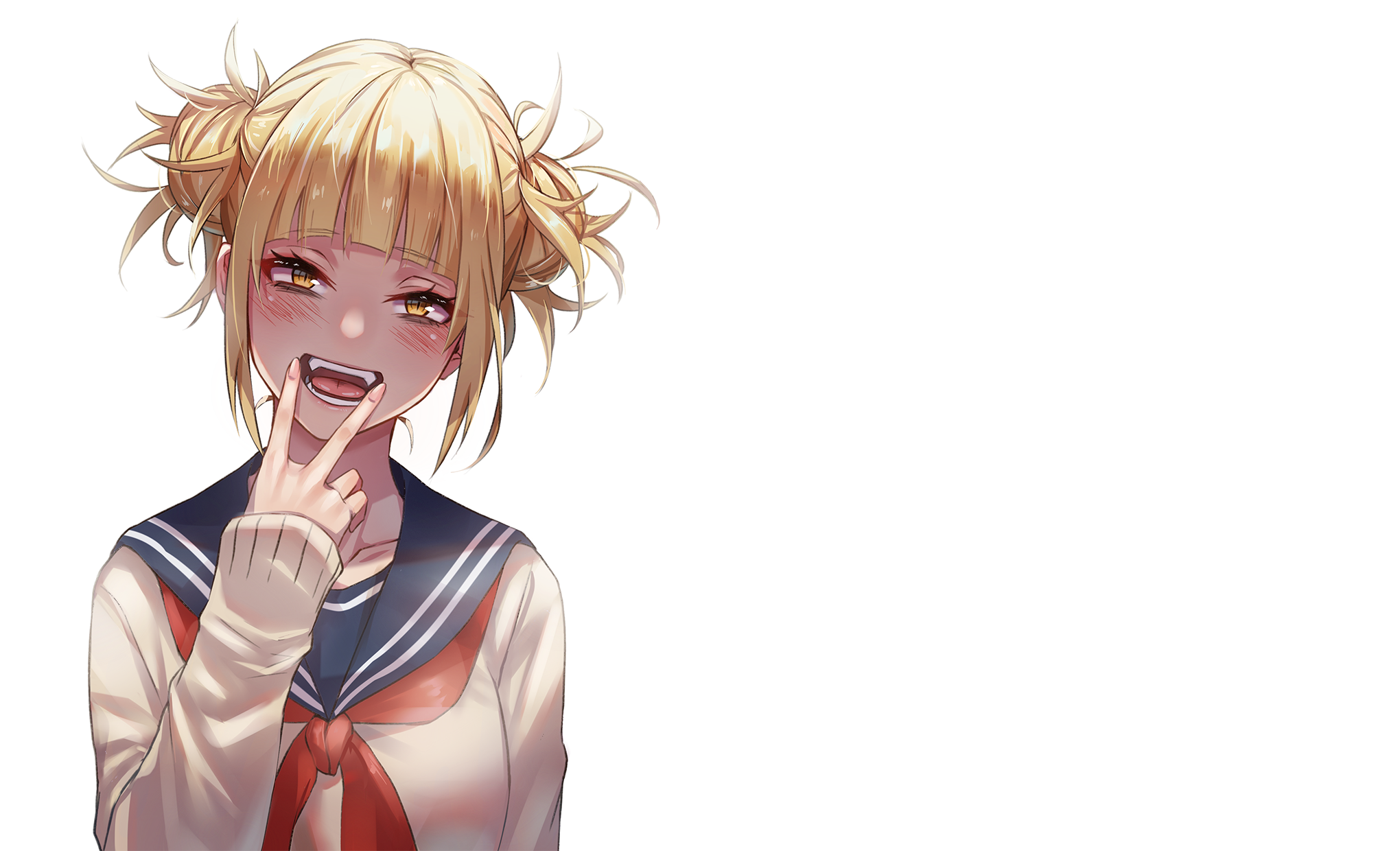 Boku No Hero Academia Himiko Toga Fangs Hand Gesture Open Mouth Blonde Yellow Eyes White Background  2040x1240
