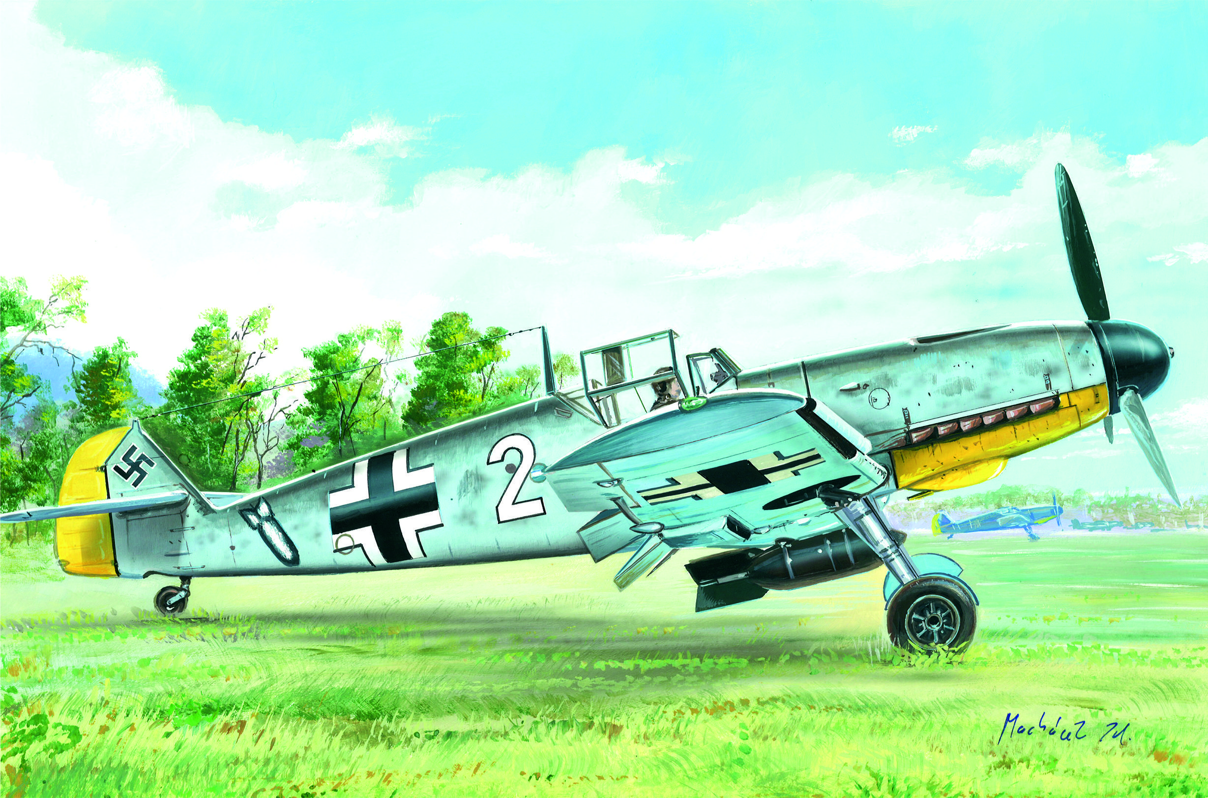World War Ii Airplane Painting Messerschmitt Bf 109 2457x1622