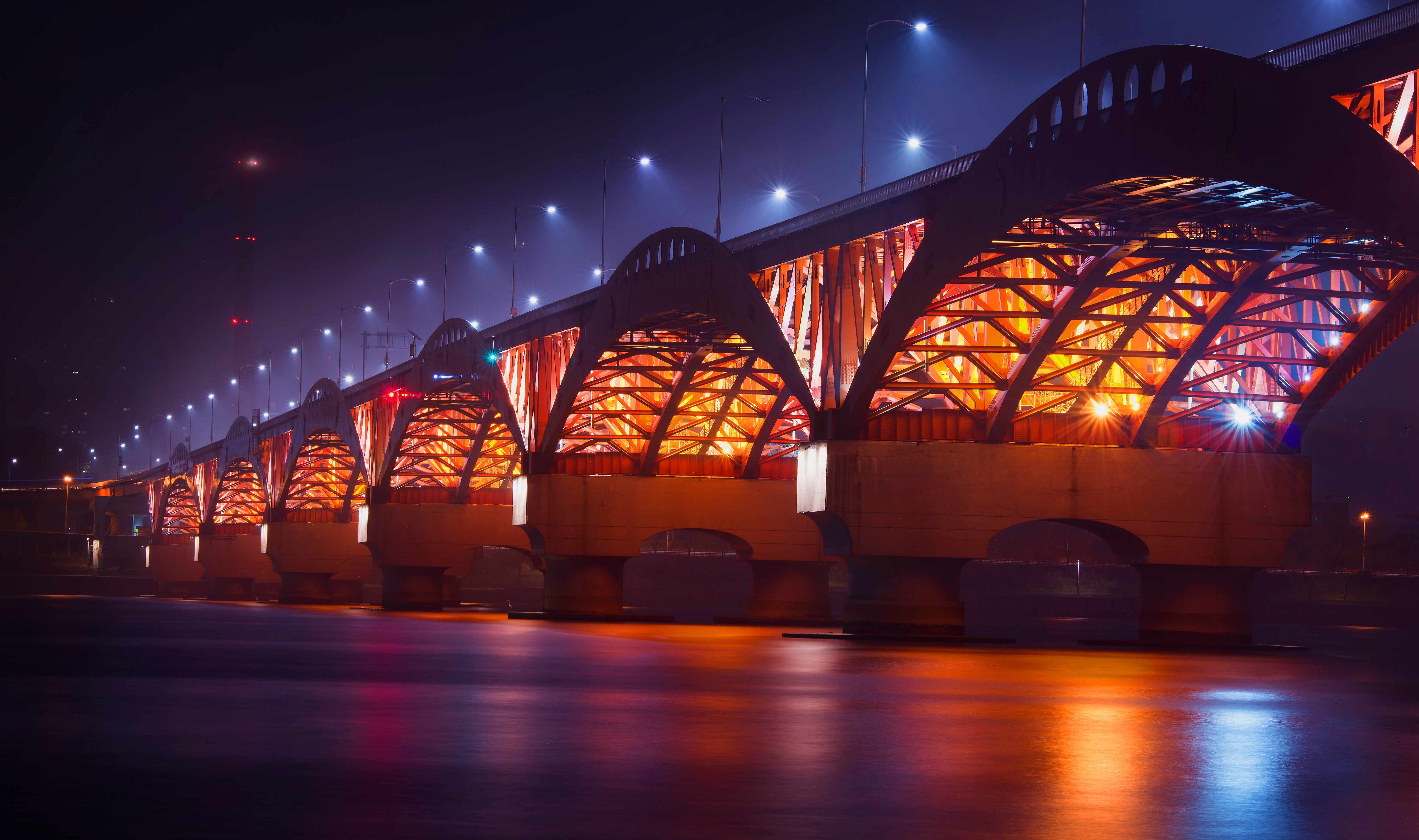 Bridge Architecture Night River Colorful Reflection Water Urban Seoul City Lights South Korea Street 5416x3208