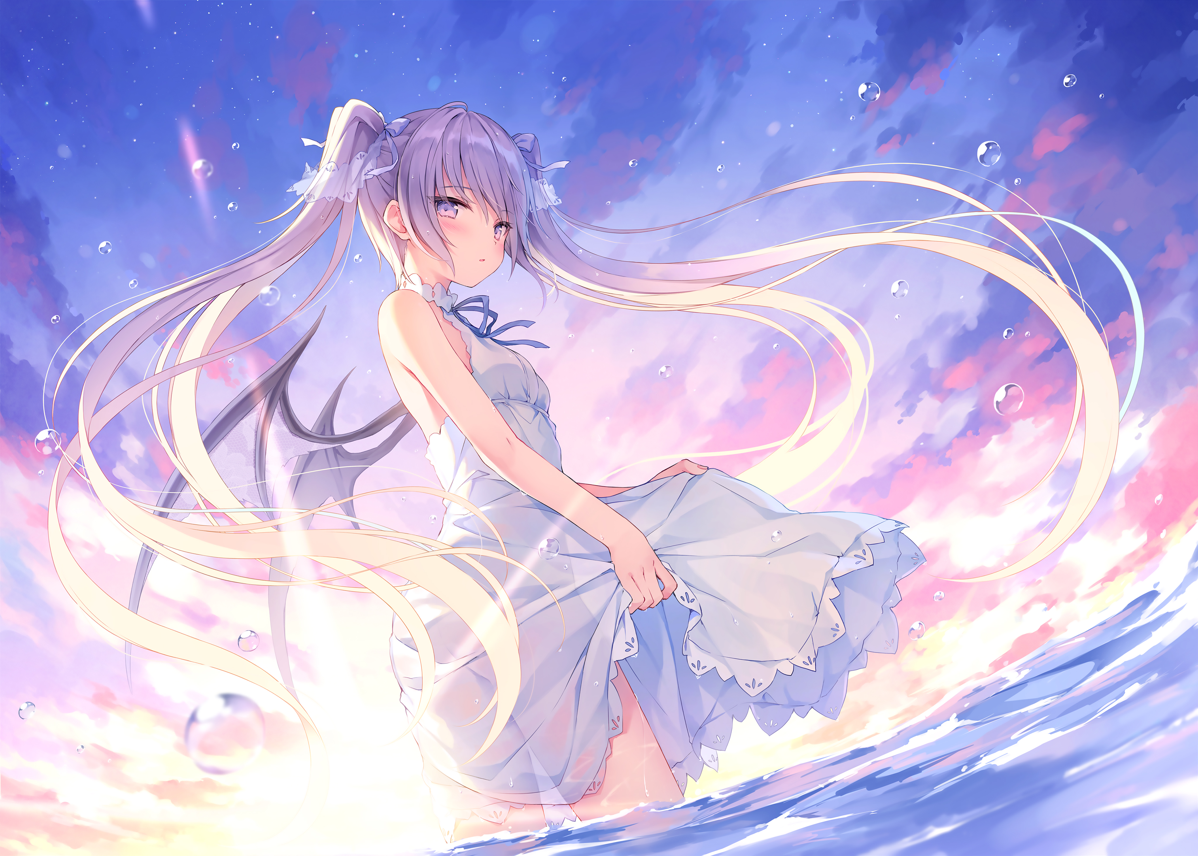 Anime Girls Dress Water Long Hair Purple Hair Purple Eyes Sky Clouds Twintails Wings Sun Dress Rurud 4096x2926