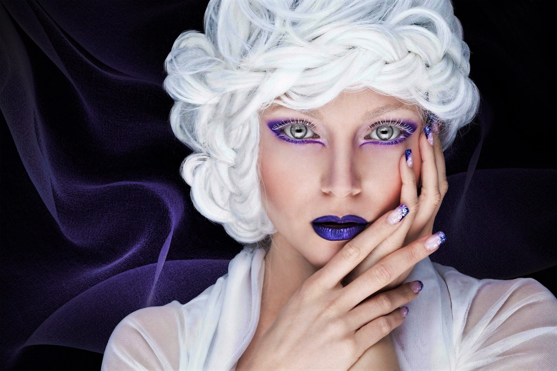 Woman Makeup White Hair Blue Eyes Lipstick 1920x1280