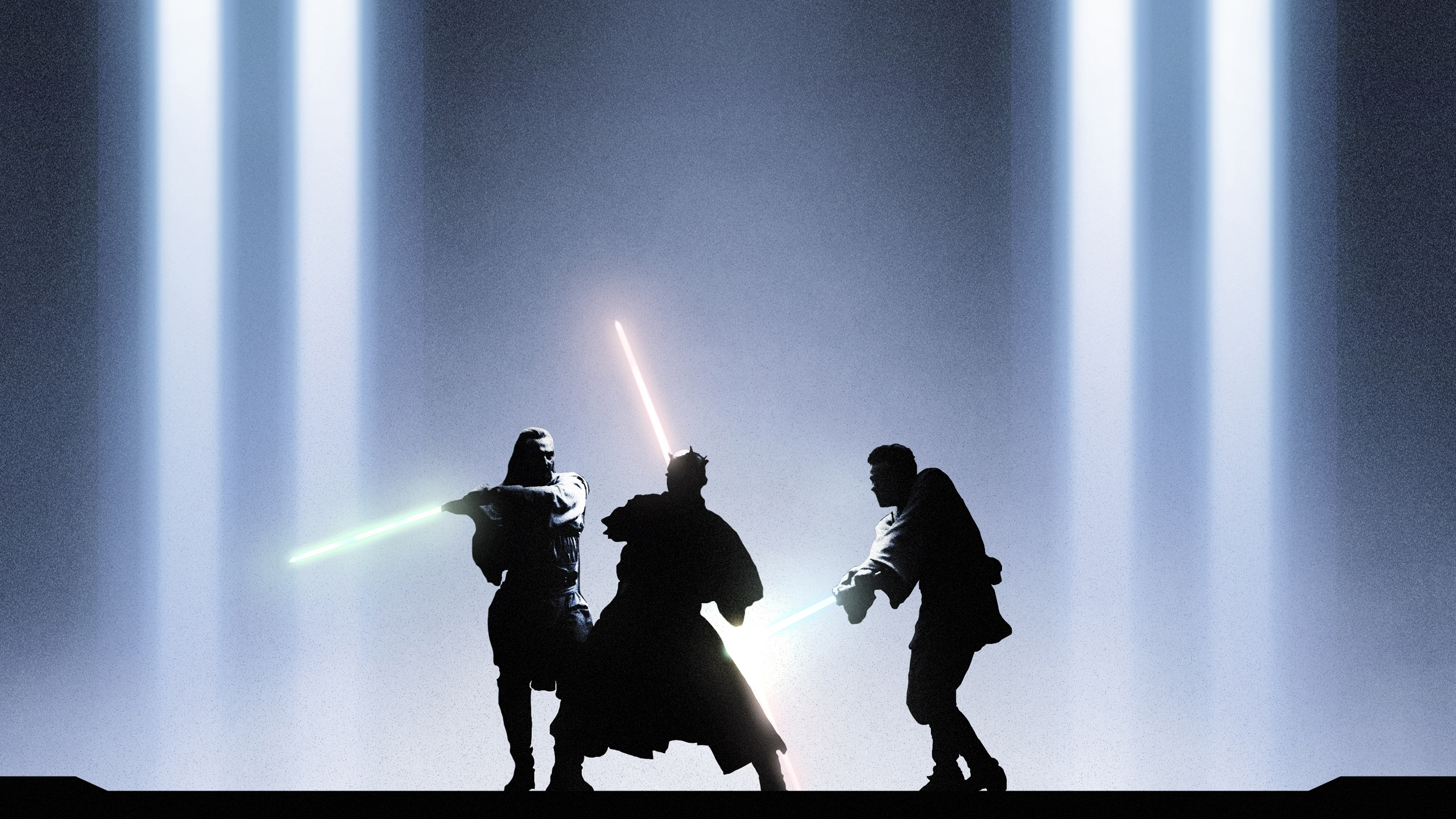 Star Wars Darth Maul Obi Wan Kenobi Qui Gon Jinn Lights Lightsaber Duel 2560x1440