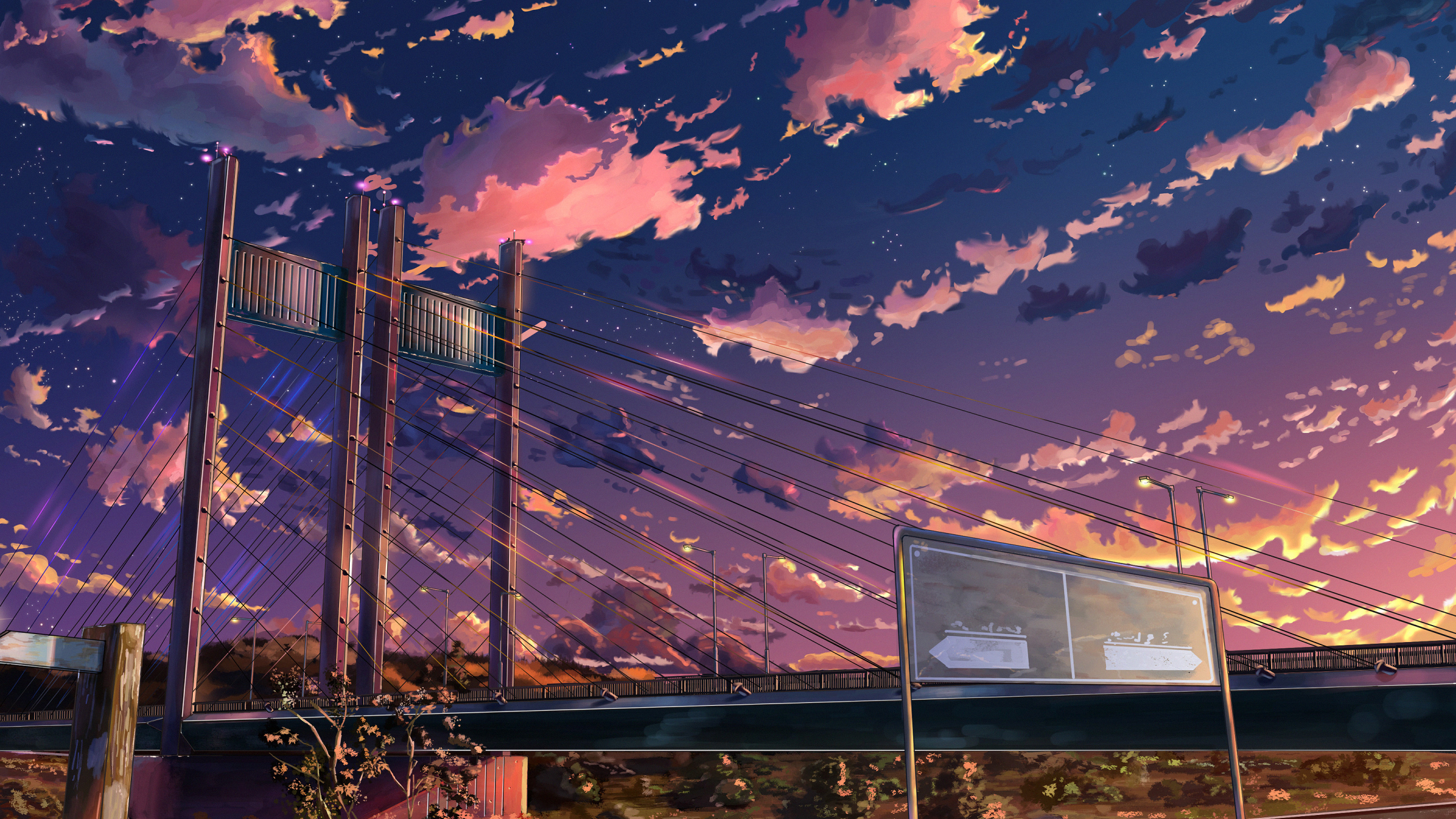 Anime Bridge Cityscape Sky Clouds 2560x1440