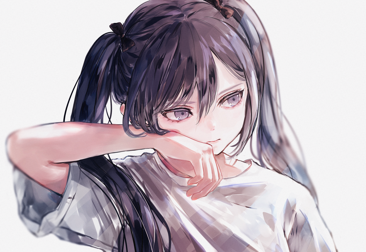 Anime Anime Girls Dark Hair Long Hair Dark Eyes Looking Away White Background Pigtails T Shirt 1450x1000