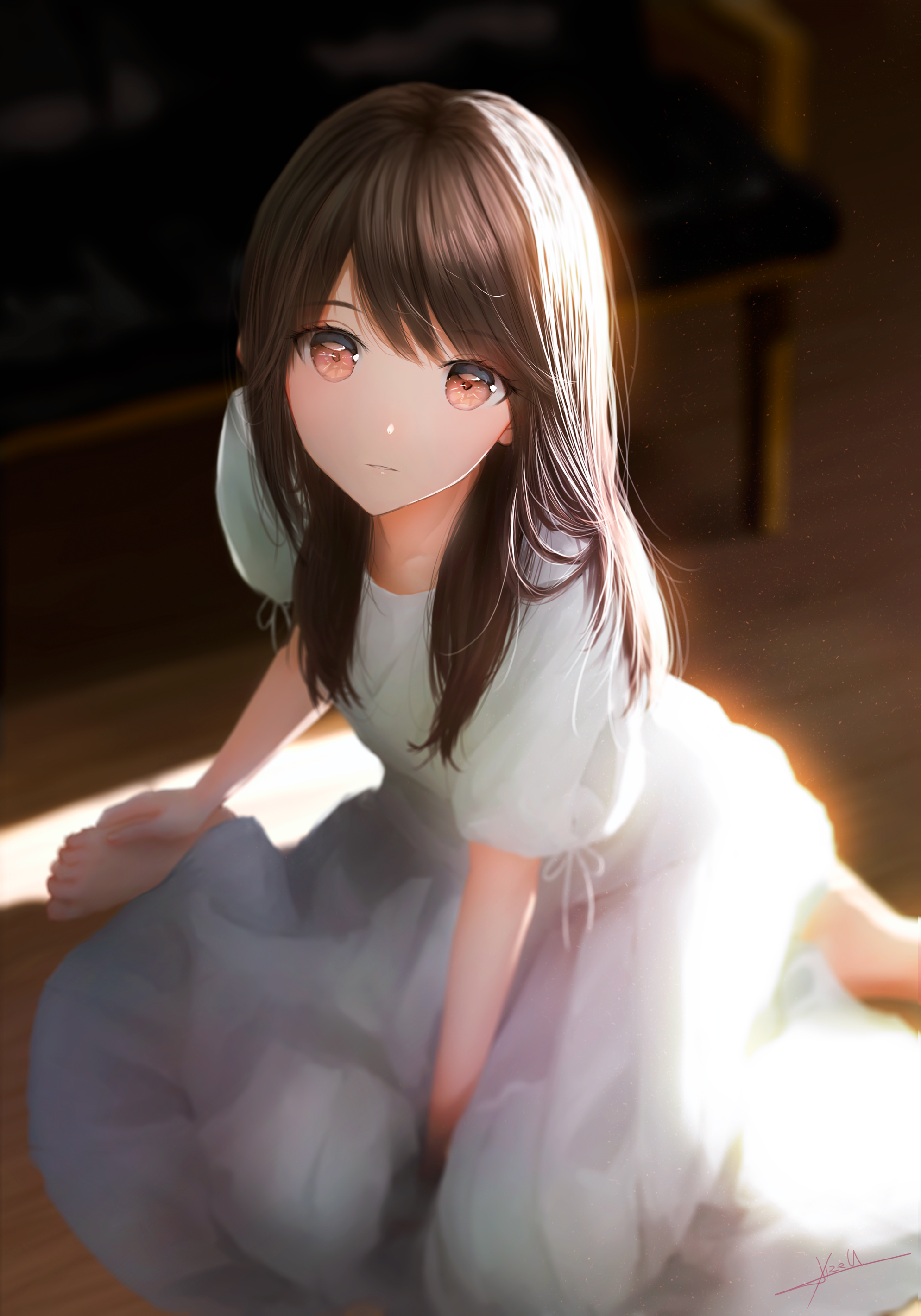 Anime Anime Girls Brunette Sitting On The Floor Women Indoors Looking At Viewer Long Hair Dress Whit 1988x2840