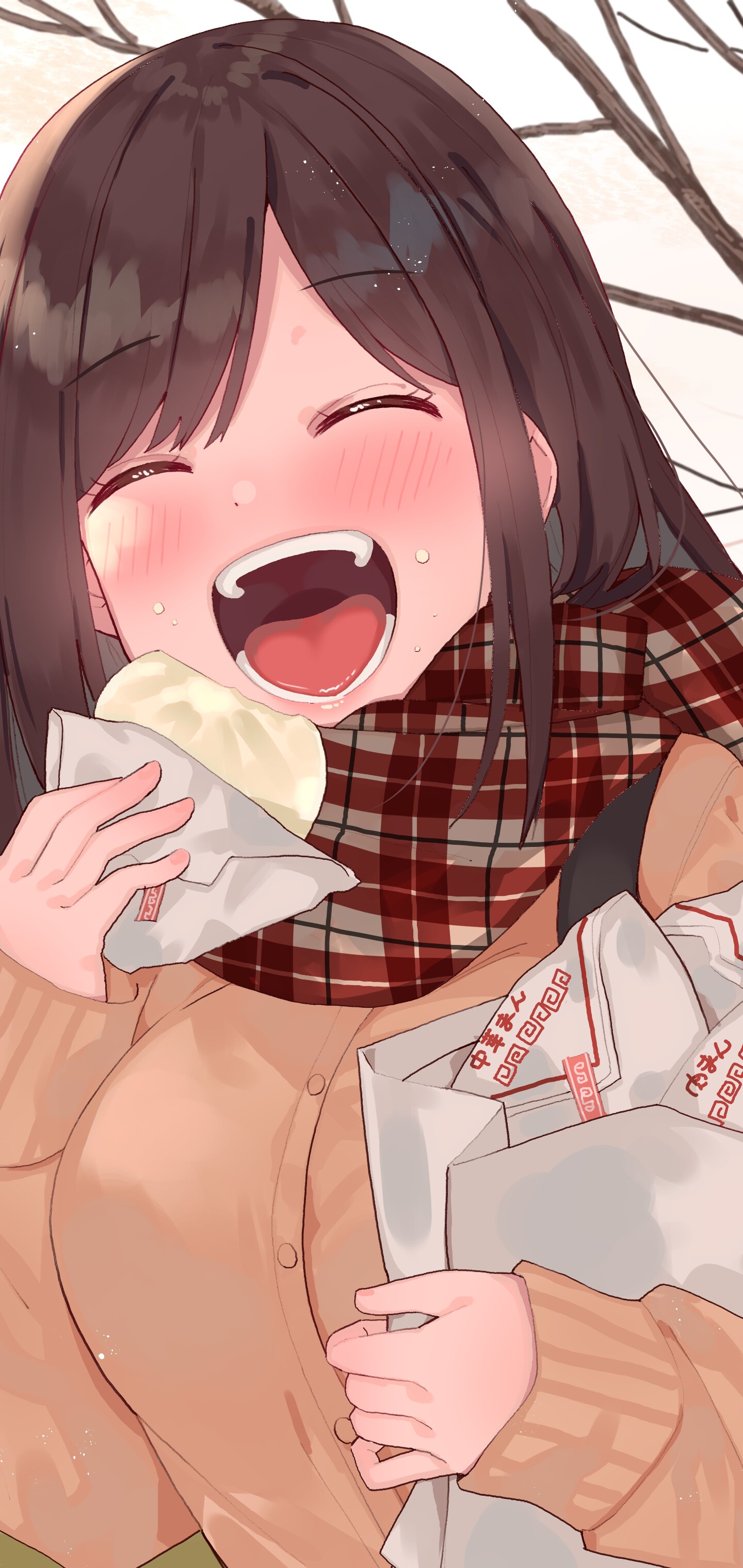 Anime Anime Girls Original Characters Artwork Keru Cropped Brunette Blushing Open Mouth Food 1440x3040