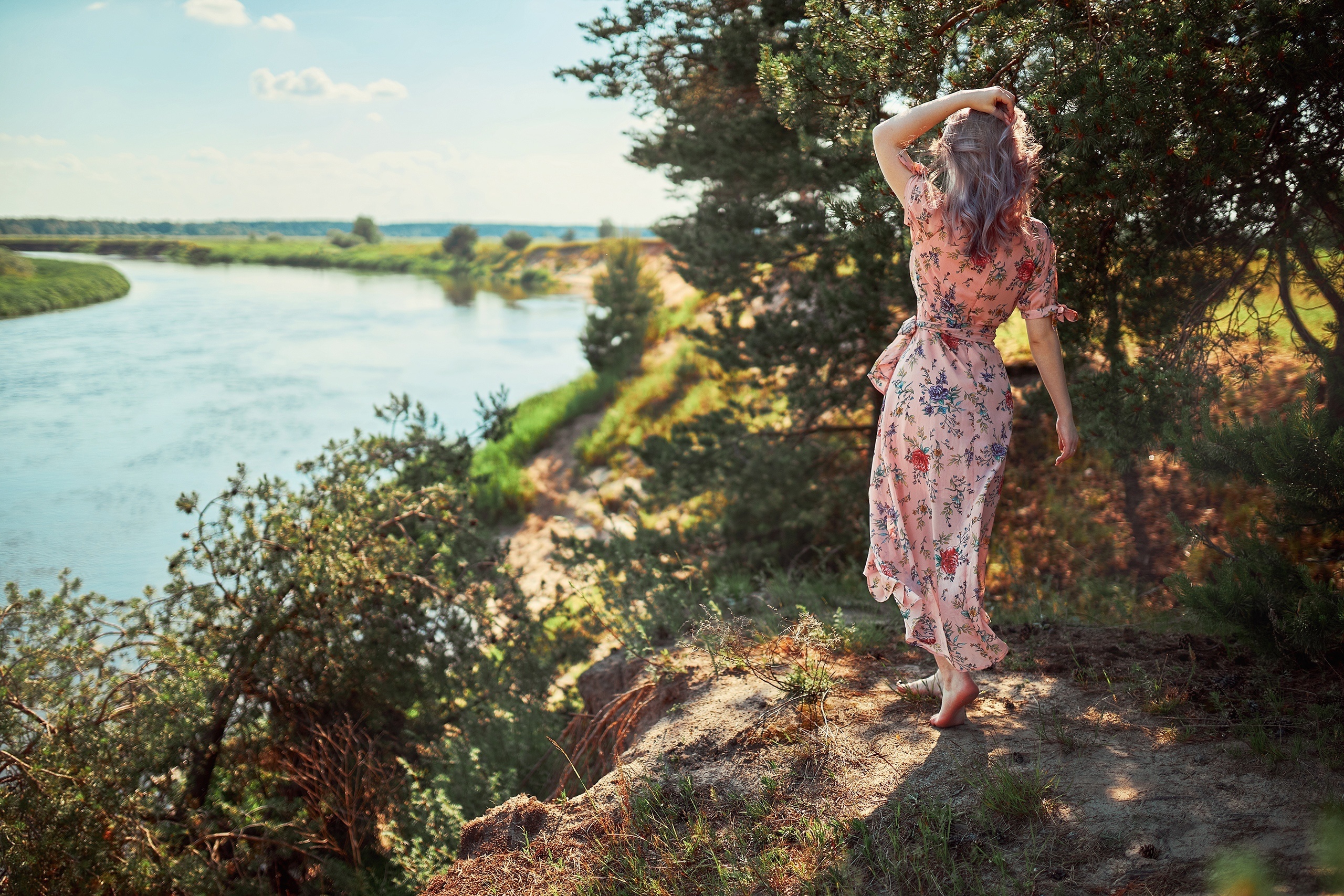 Women Women Outdoors Summer River Sergey Bogatkov Flower Dress Trees Touching Hair Dyed Hair 2560x1707