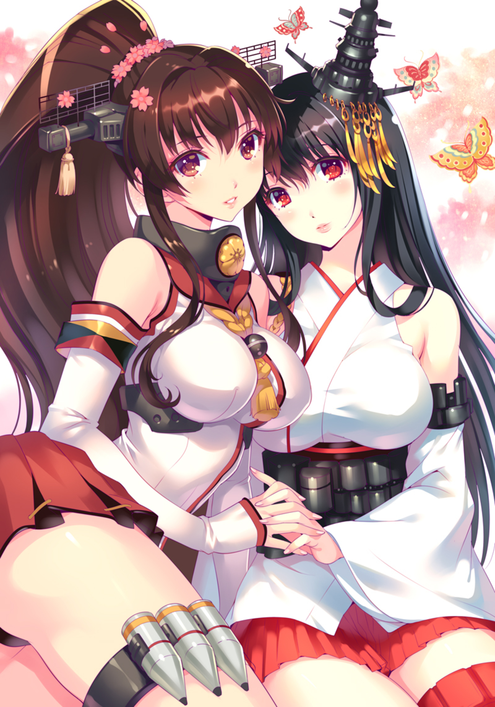 Anime Anime Girls Yamato KanColle Fusou KanColle Kantai Collection Ponytail Brunette Long Hair Black 1600x2286