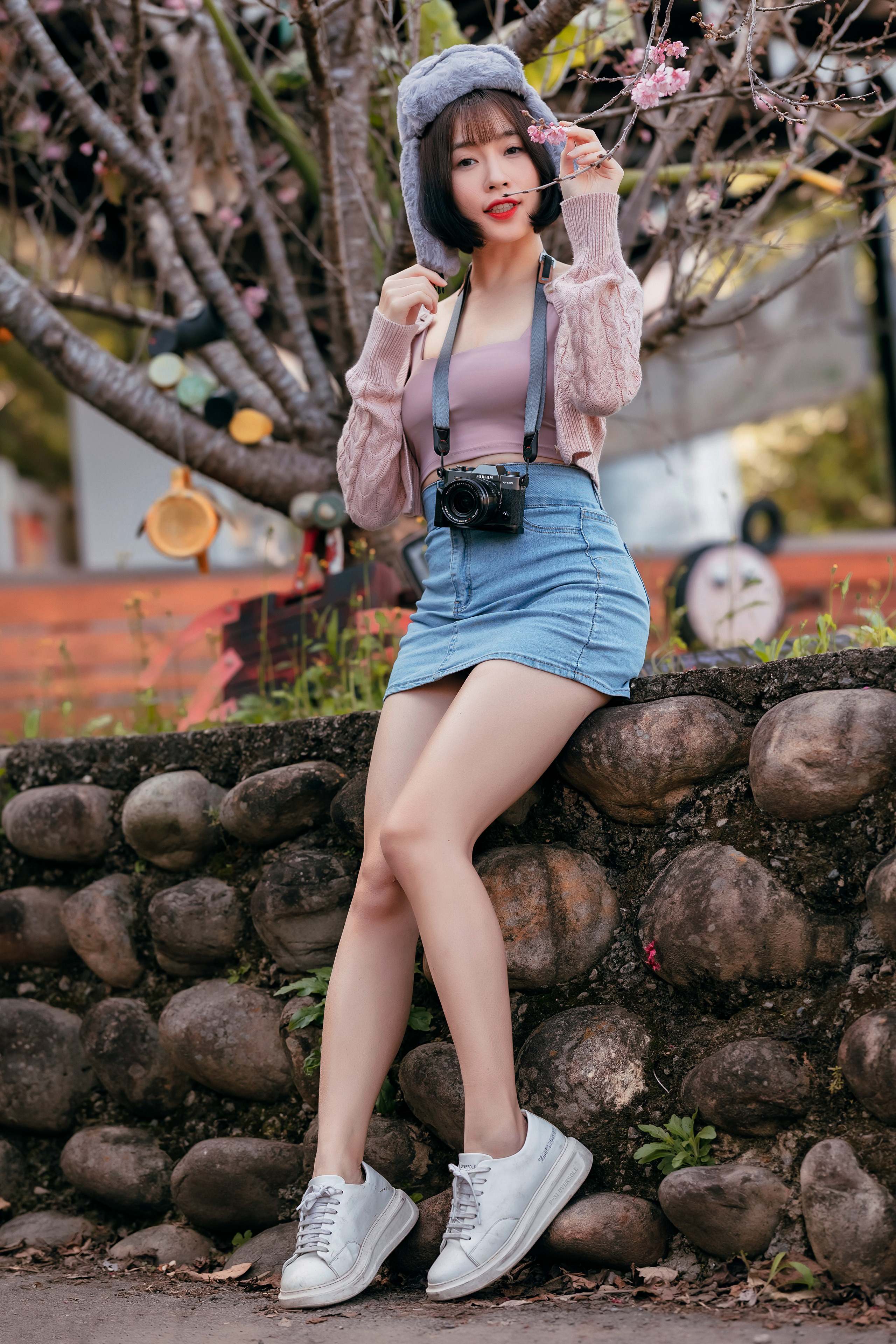 Asian Model Women Short Hair Brunette Sitting Jeans Skirt Short Tops Wool Jacket Camera Trees Cherry 2560x3840