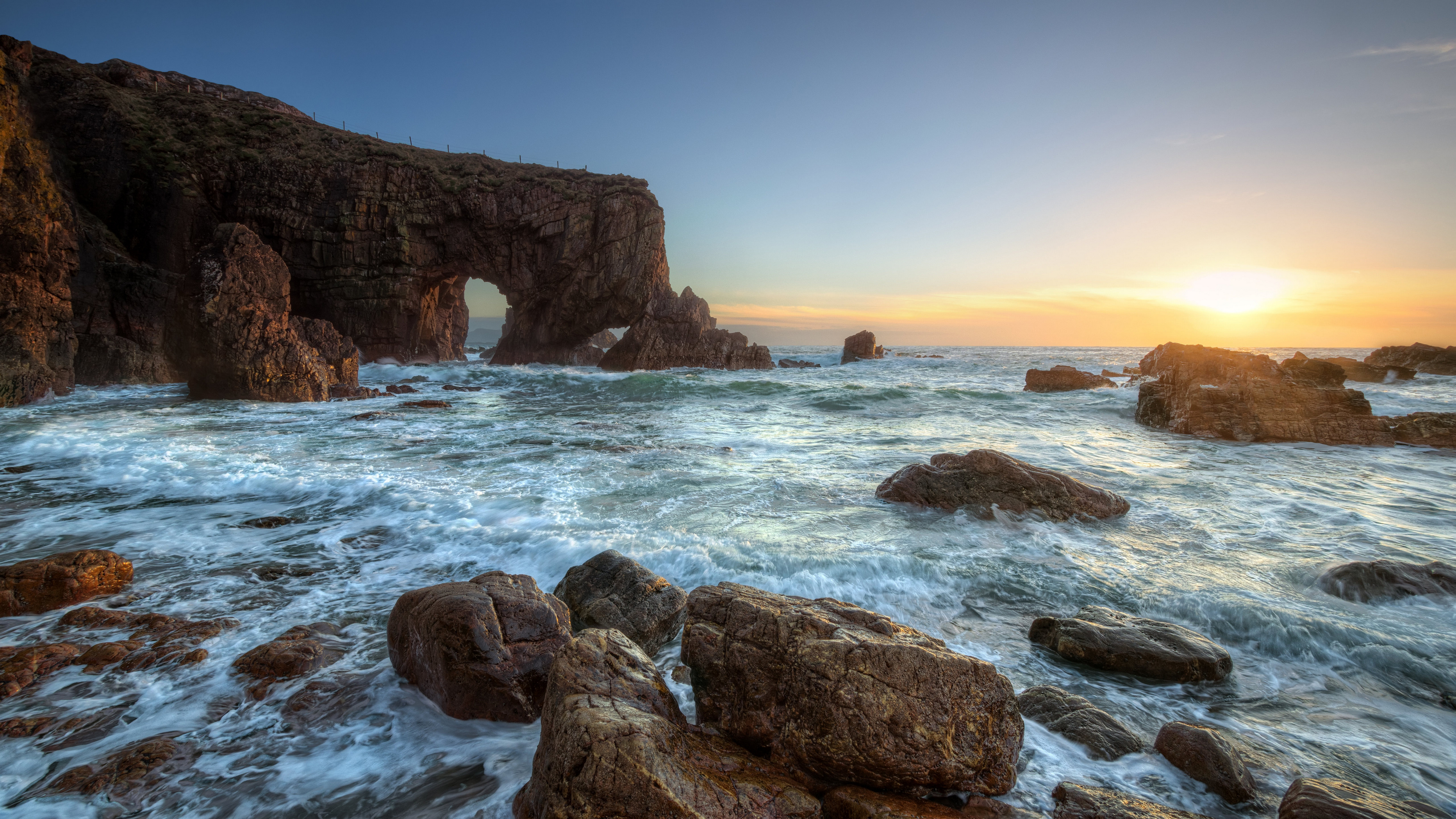 Ireland Nature Sea Rock Coast Stones Waves Sky Sunrise 3840x2160