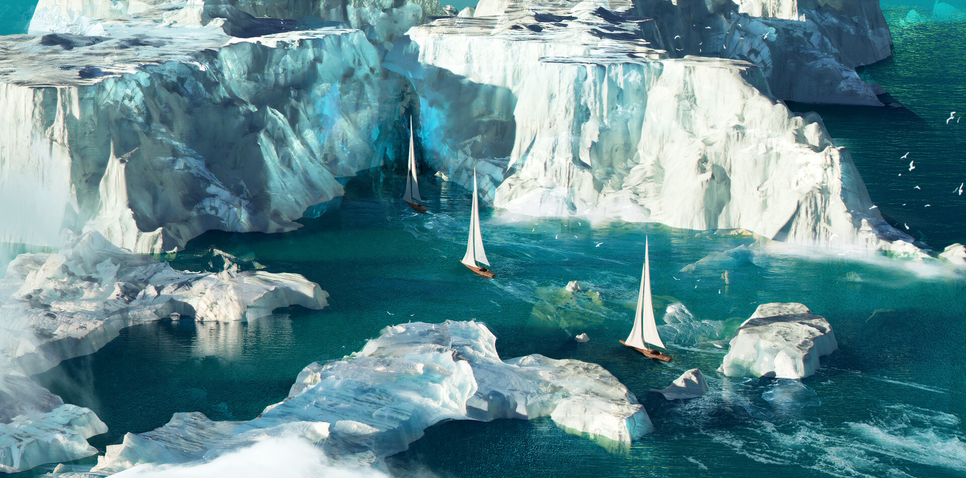 Nature Landscape Sea Glacier Sailing Boat Artwork 1920x950