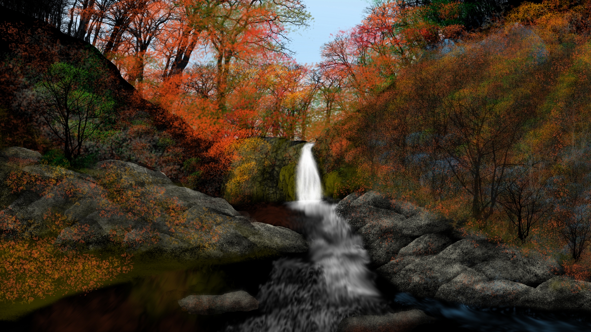 Digital Painting Nature Waterfall Cliff 1920x1080