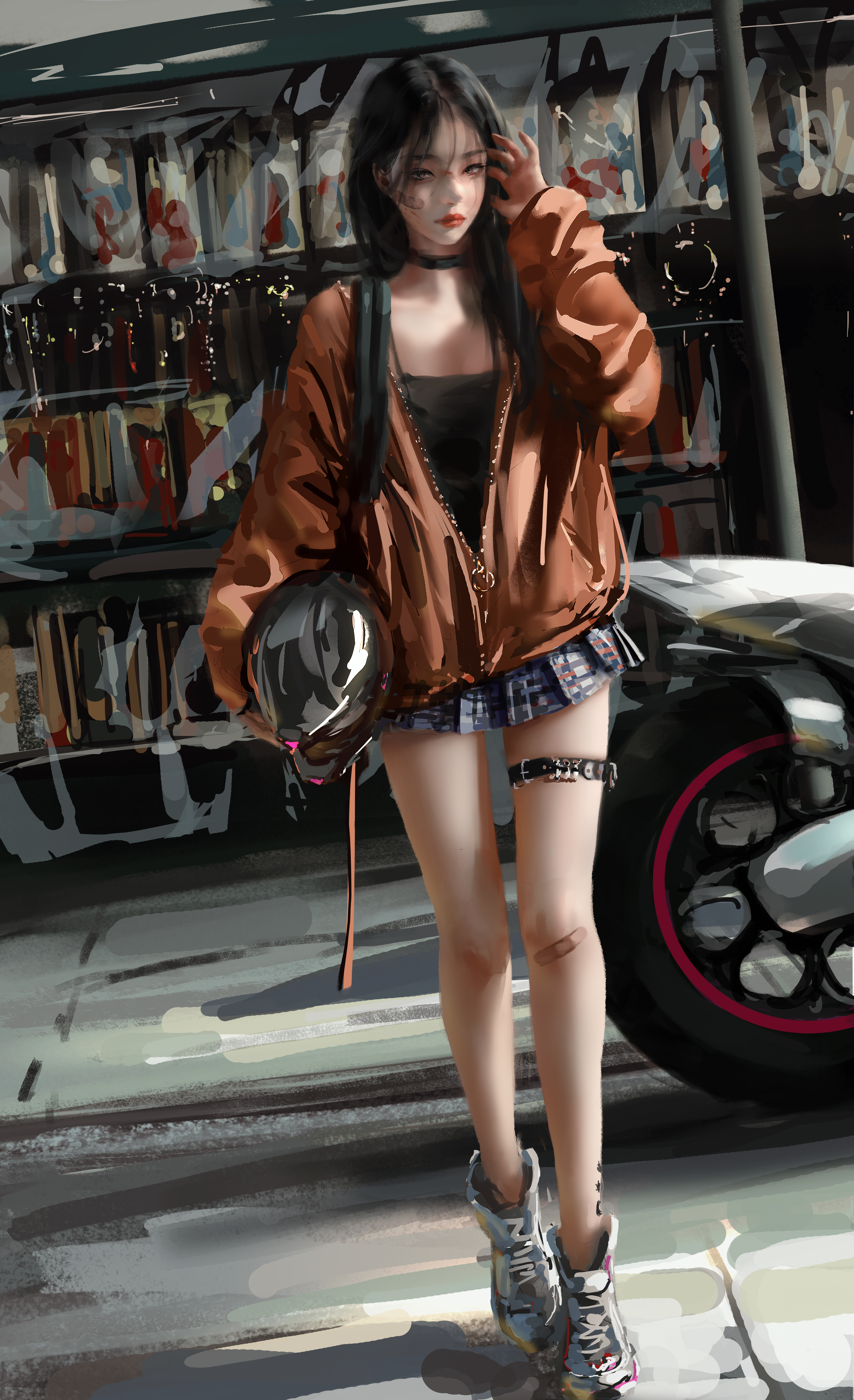 Realistic WLOP Asian Black Hair Helmet Motorcycle Women Artwork 5000x8200