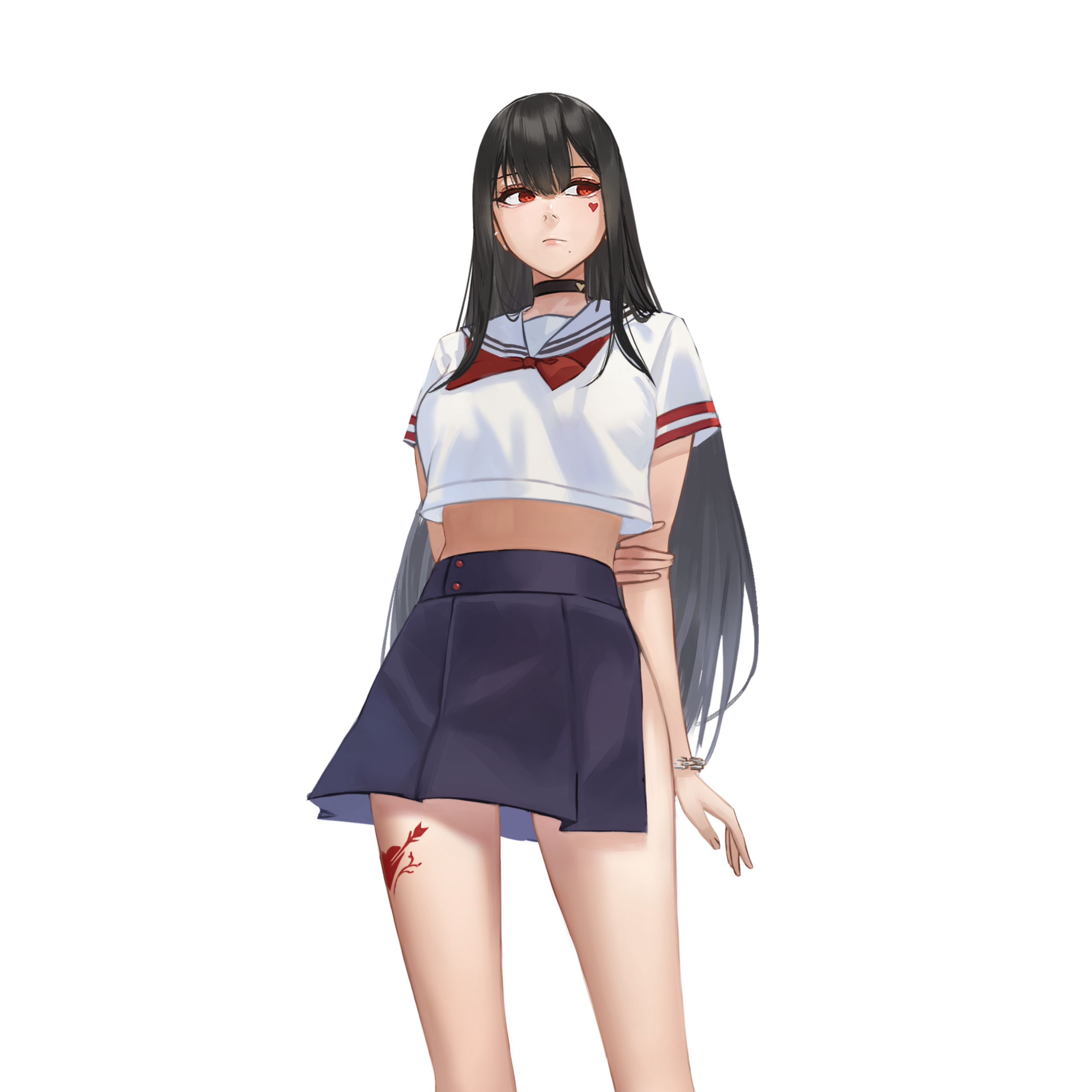 Digital Art Skirt Sailor Uniform Red Eyes Long Hair Dress Tattoo Bracelets 2560x2560