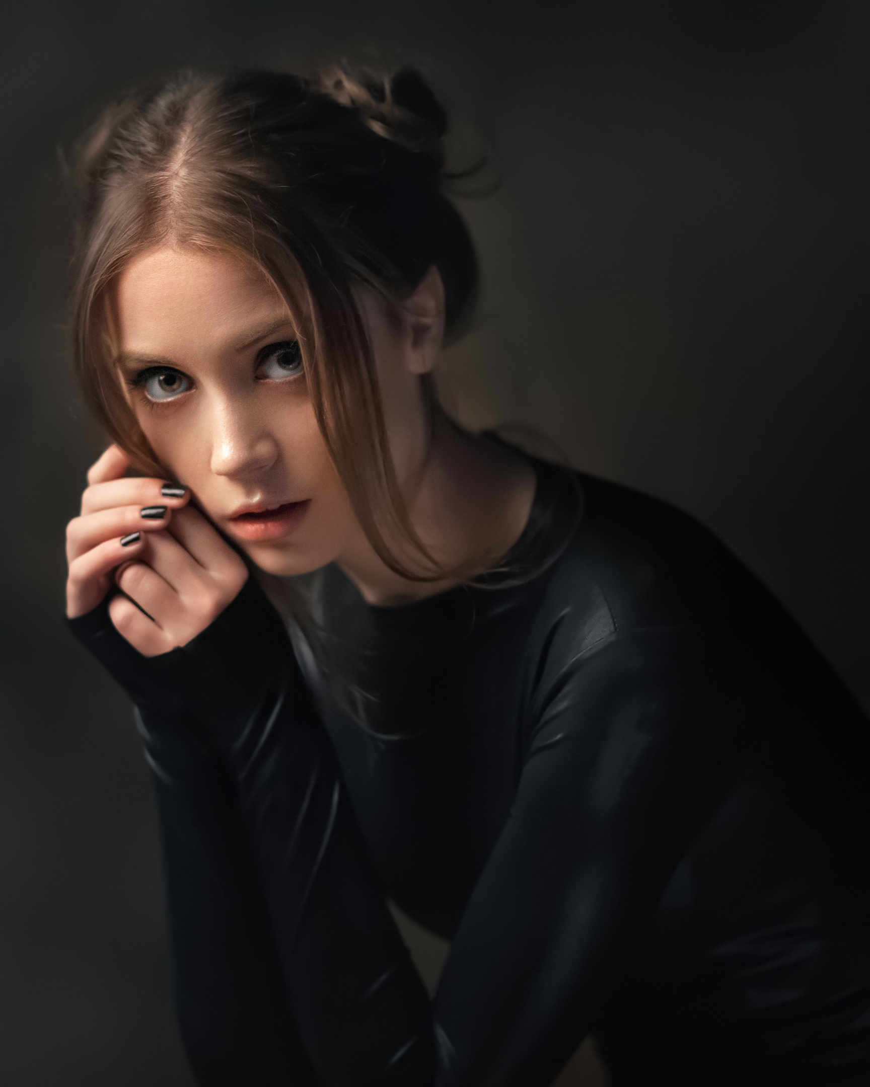 Alexey Kishechkin Women Ksenia Kokoreva Brunette Portrait Makeup Black Clothing Black Nails Simple B 1728x2160