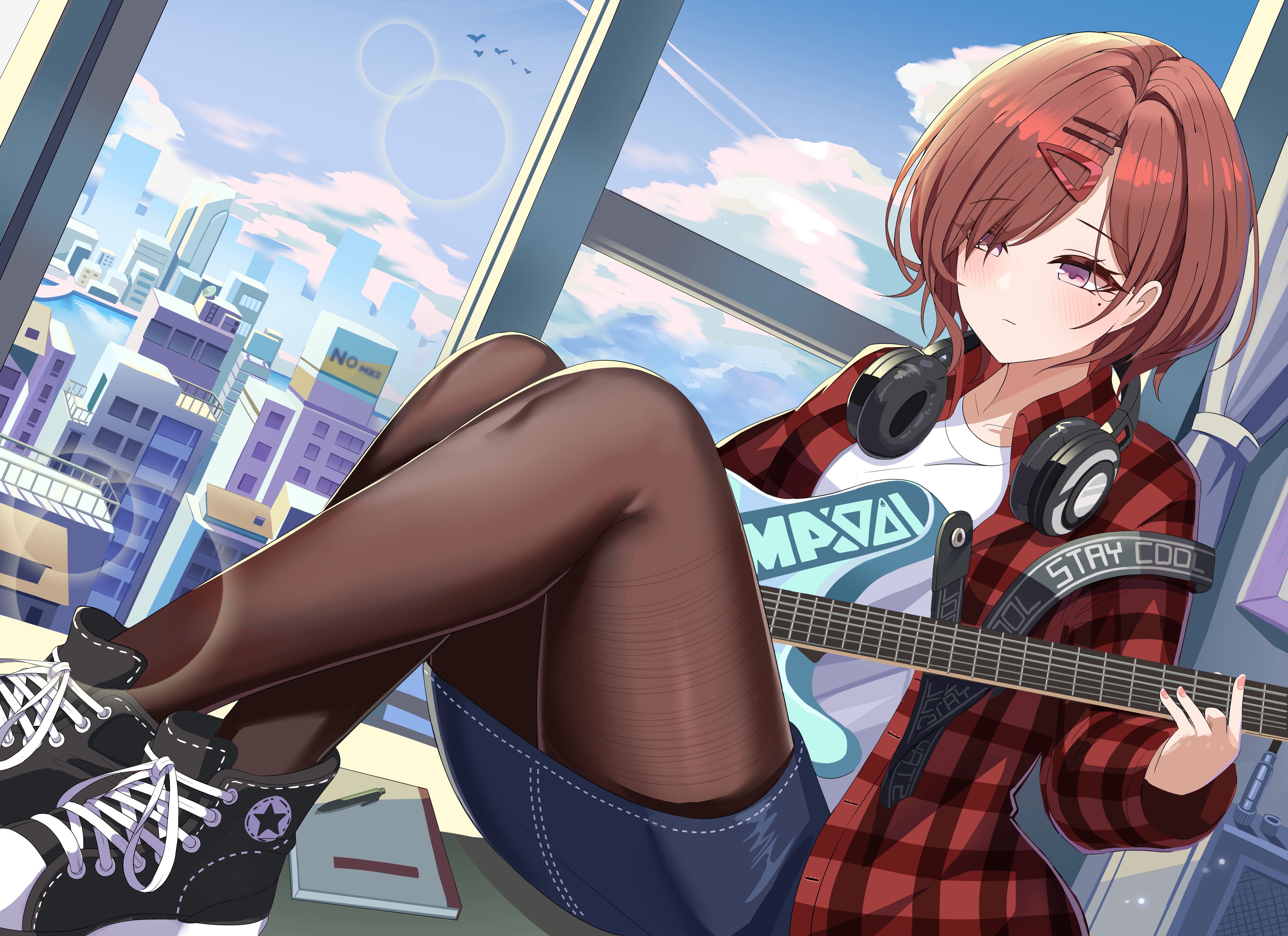Anime Anime Girls THE IDOLM STER Higuchi Madoka Guitar Headphones Brunette 5260x3823