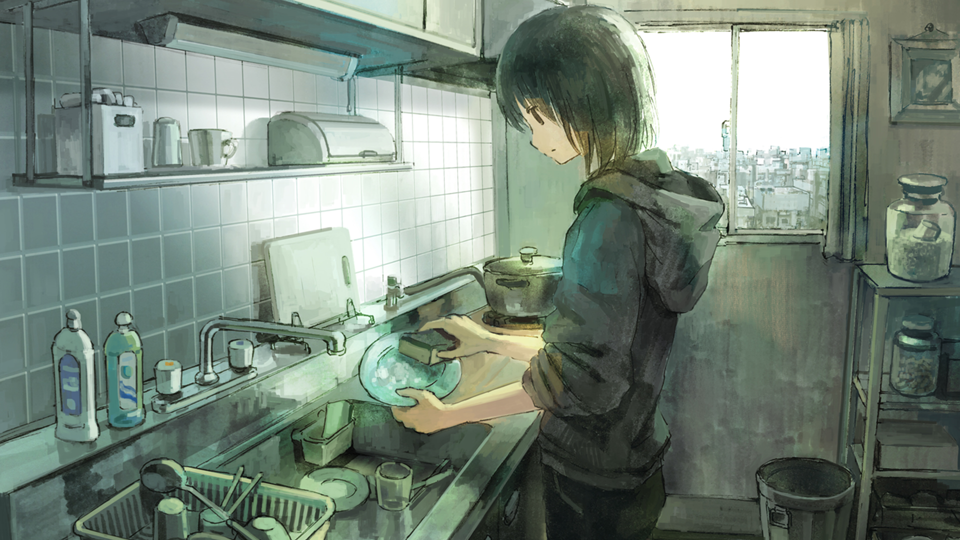 Anime Anime Girls Original Characters Artwork Tokunaga Akimasa Cropped Kitchen Dishes 1920x1080