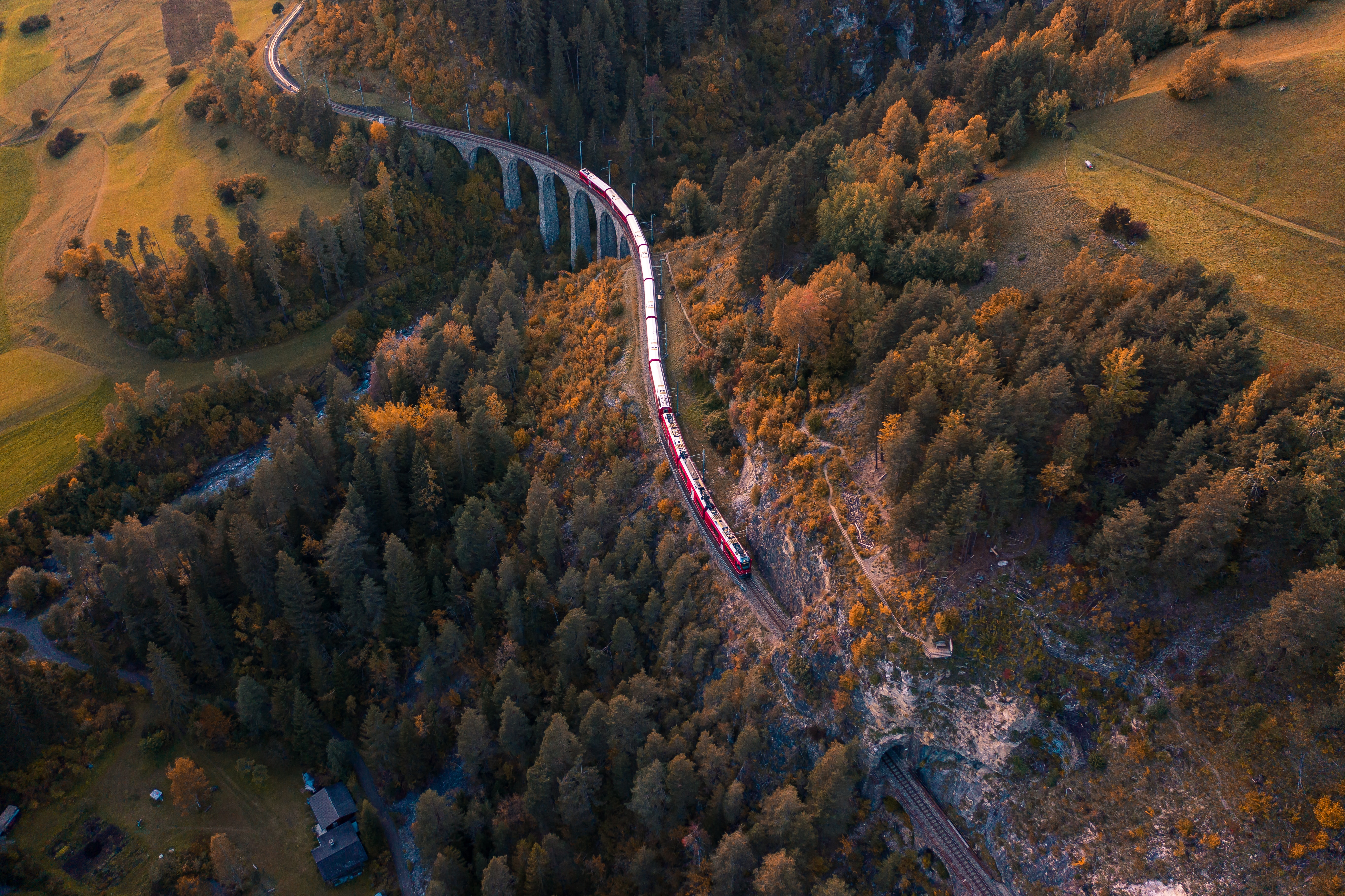 Train Aerial View Switzerland Bridge 5464x3640