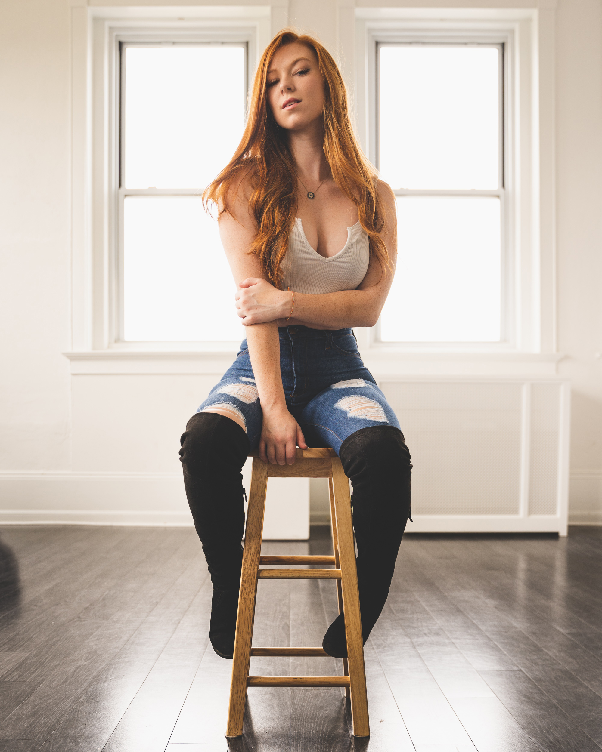 Women Model Redhead Looking At Viewer Parted Lips Necklace White Tops Jeans Torn Jeans Knee High Boo 2000x2500