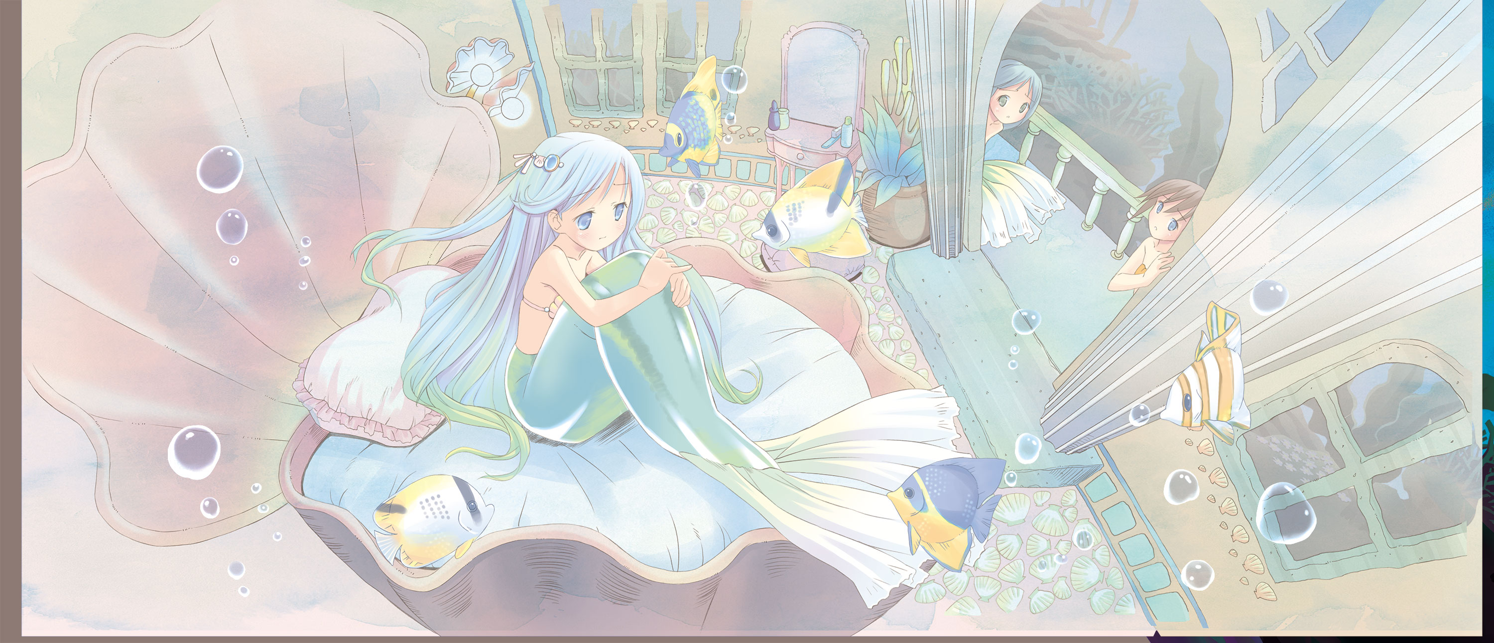 Anime Anime Girls Mermaids Aqua Eyes Cyan Hair Long Hair Fish Underwater Fantasy Art Bed Fantasy Gir 3000x1291