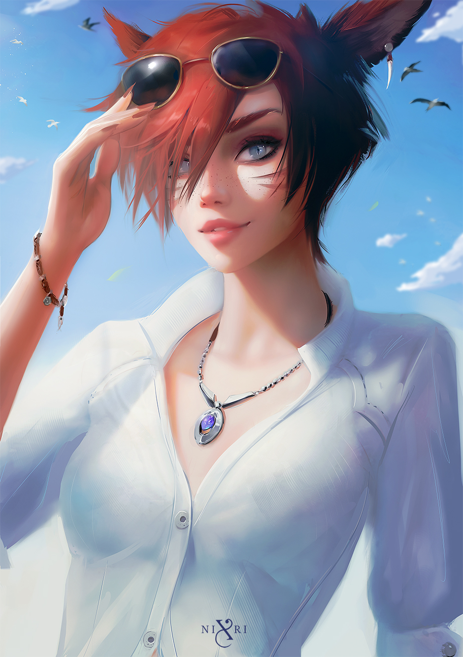 Nixri Drawing Women Final Fantasy Redhead Sunglasses Bangs Face Paint Shirt Necklace Sky 933x1323