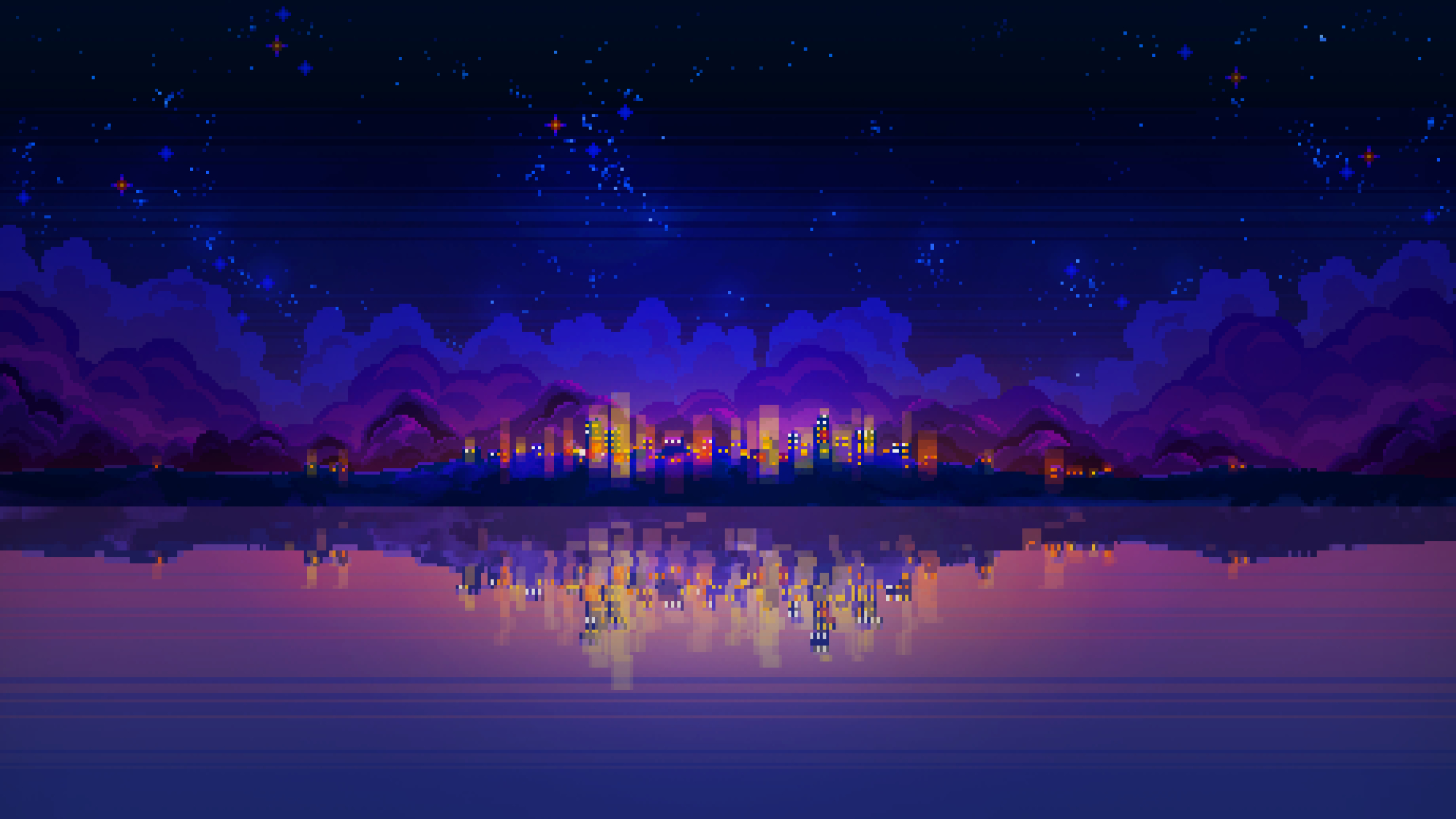 Pixel Art Night City Lights Clouds Stars Lake Sea Side Digital 2560x1440