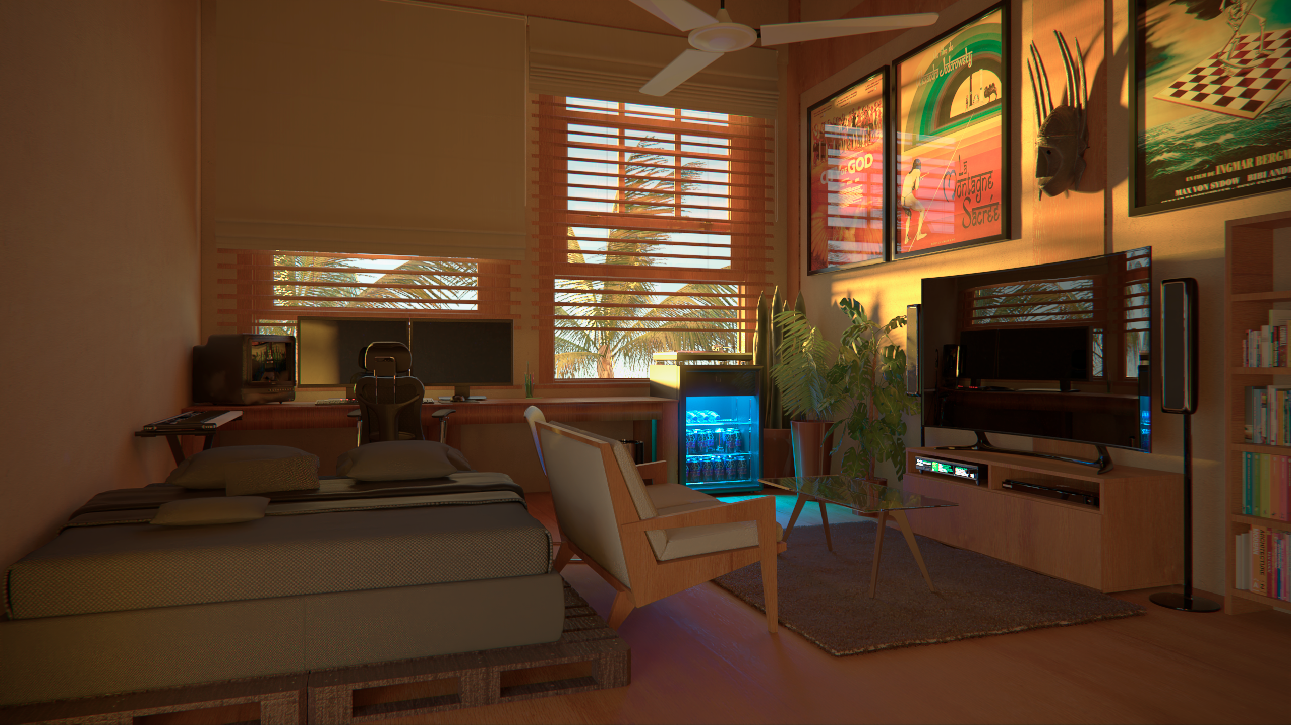 3D Render CGi Digital Art Interior Interior Design Students Room Dawn 2560x1439
