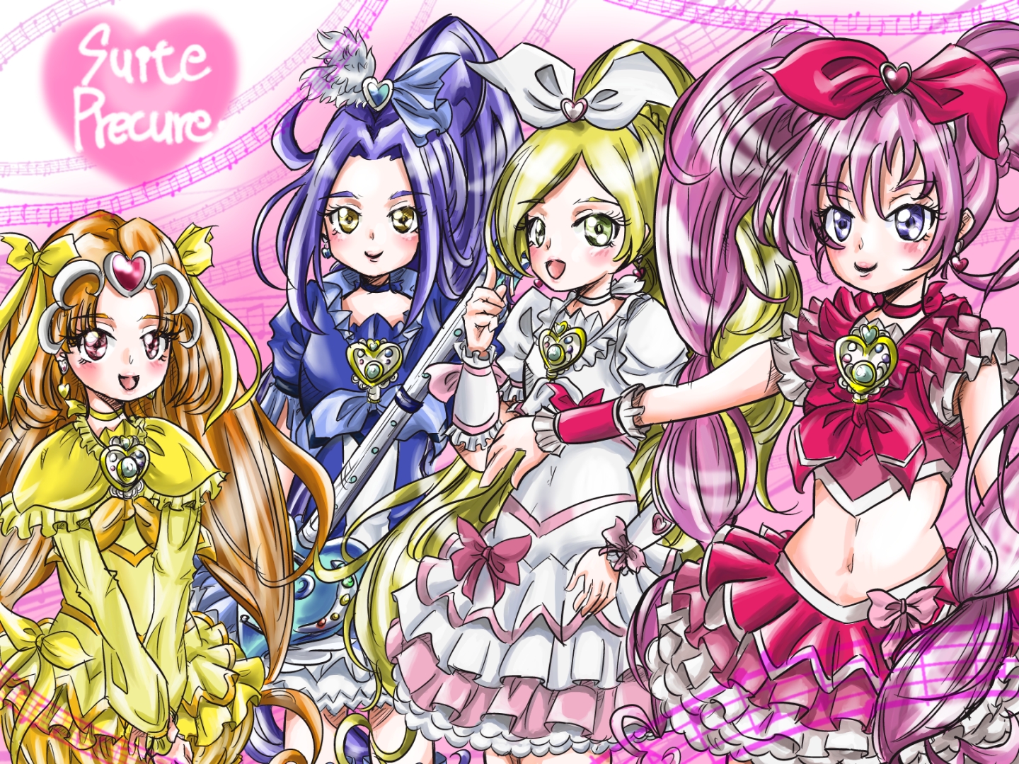 Anime Anime Girls Pretty Cure Magical Girls Suite Precure Cure Melody Cure Rhythm Cure Beat Cure Mus 1440x1080