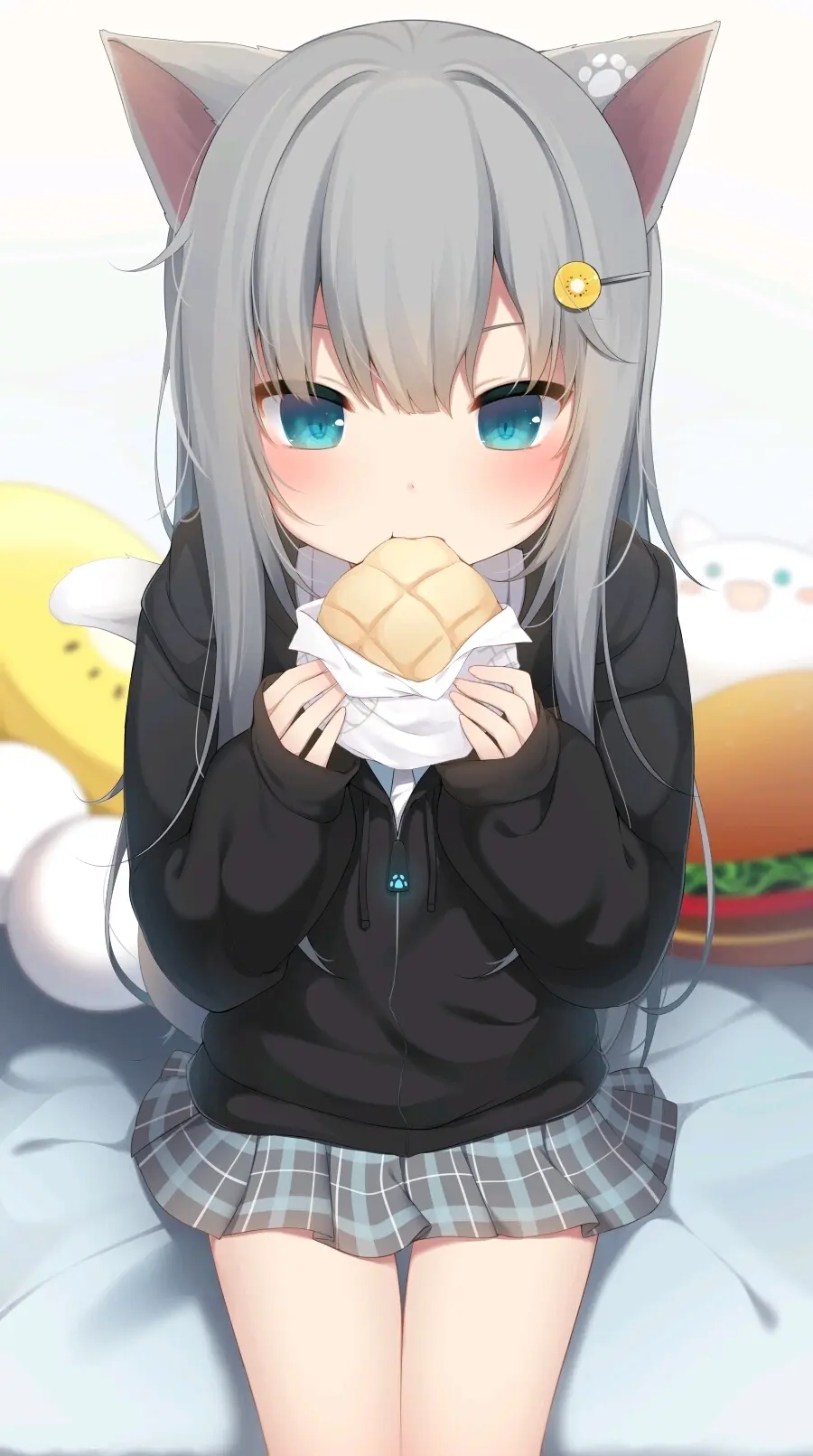 Cat Girl Anime Girls Anime Girls Eating Anime Food Sitting Gray Hair Blue Eyes Animal Ears Nacho Nek 900x1611