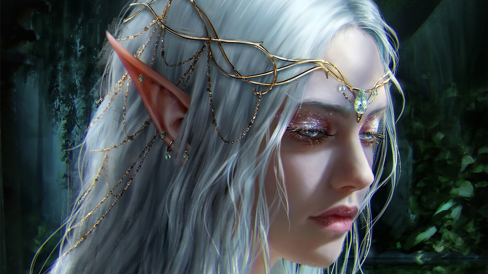 Elves Women Pointed Ears White Hair Crown Blue Eyes Sadness Fantasy Art Fantasy Girl Artwork 1920x1080