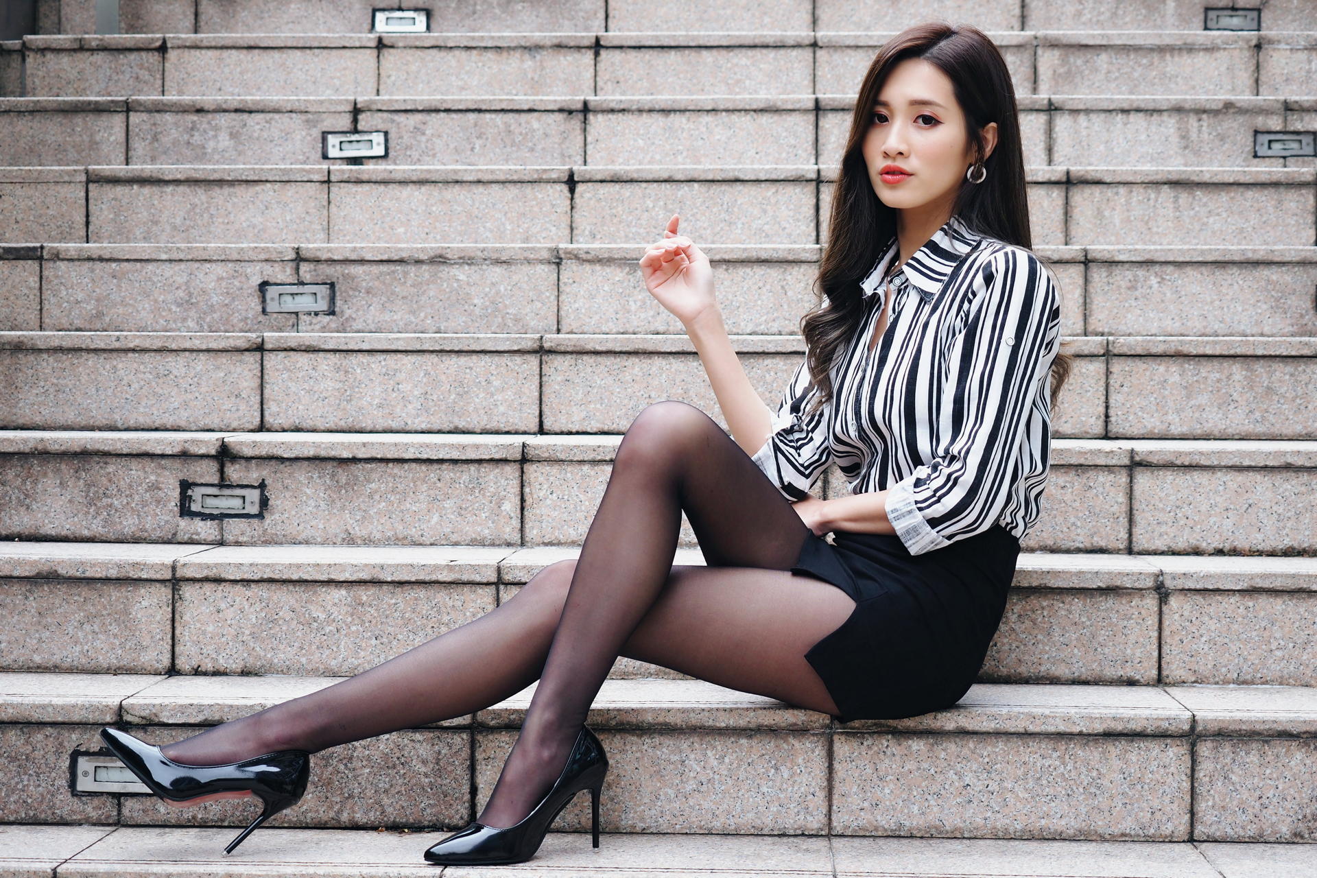 Asian Model Women Long Hair Dark Hair Black Heels Nylons Black Skirts Striped Shirt Sitting Stairs 1920x1280