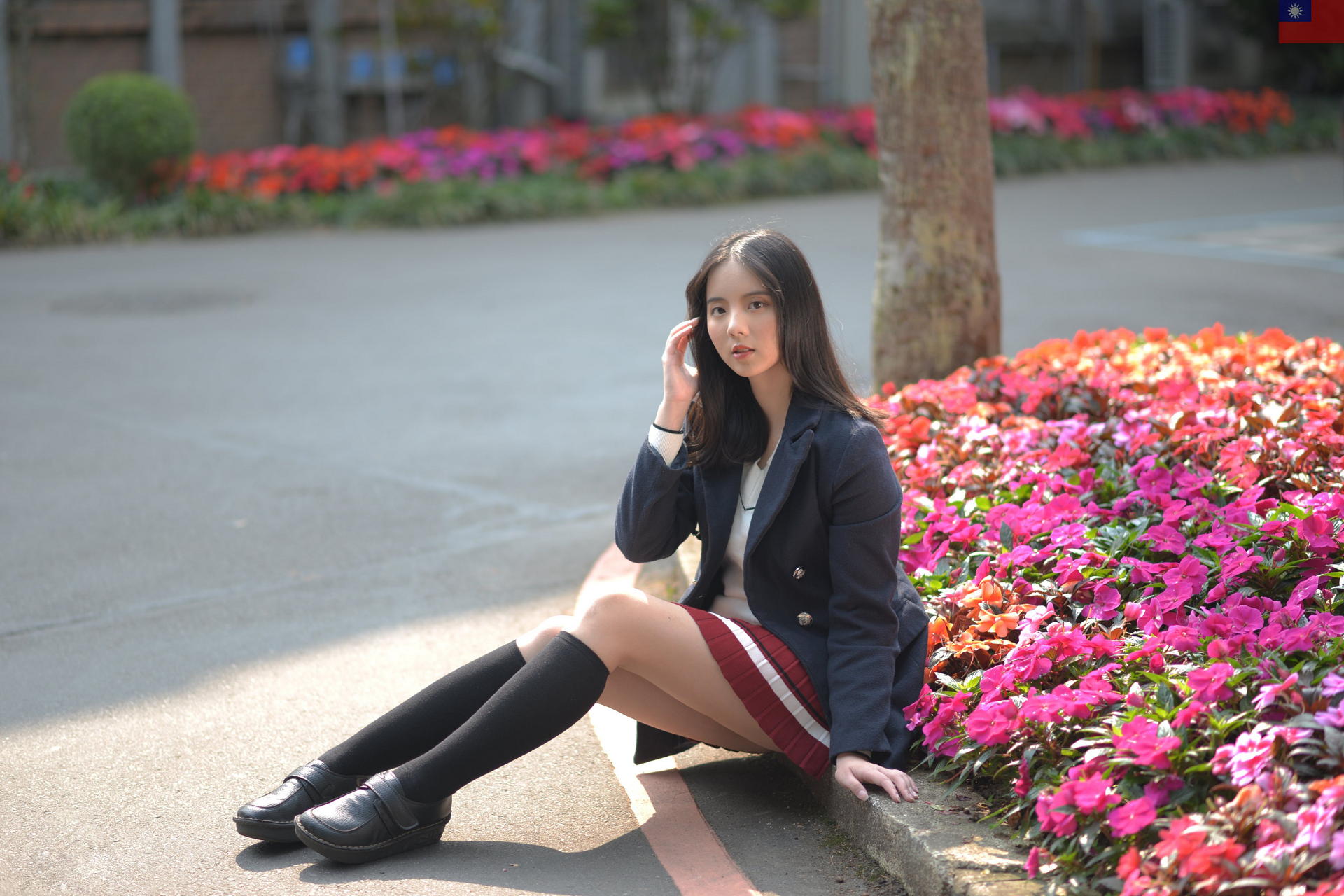 Asian Model Women Long Hair Dark Hair Depth Of Field Sitting Flowers School Uniform Skirt Blazers Tr 1920x1280