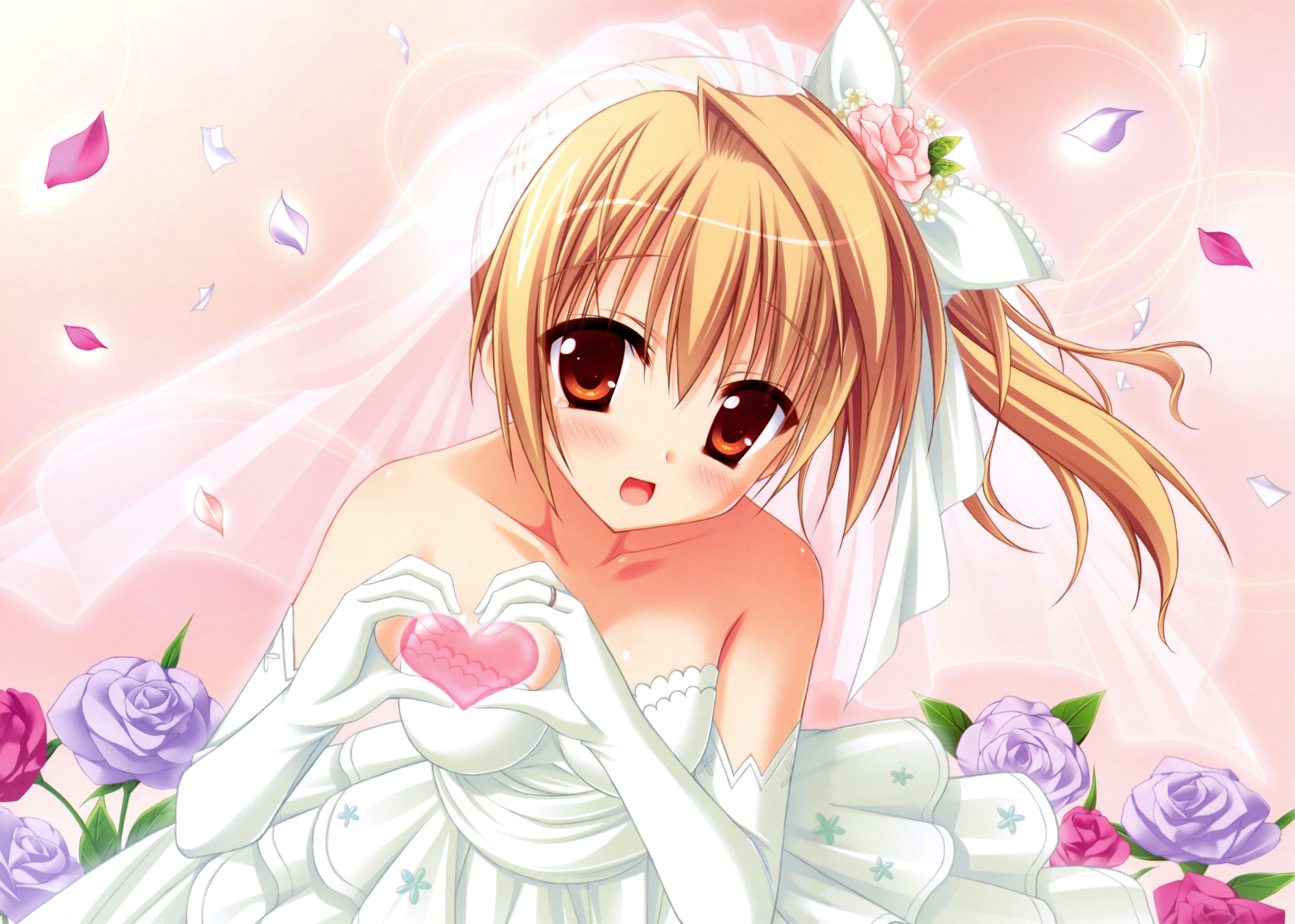 Heart Wedding Dress Veil Petal Bow Clothing Blonde Brown Eyes Flower Rose Smile Blush 7748x5531