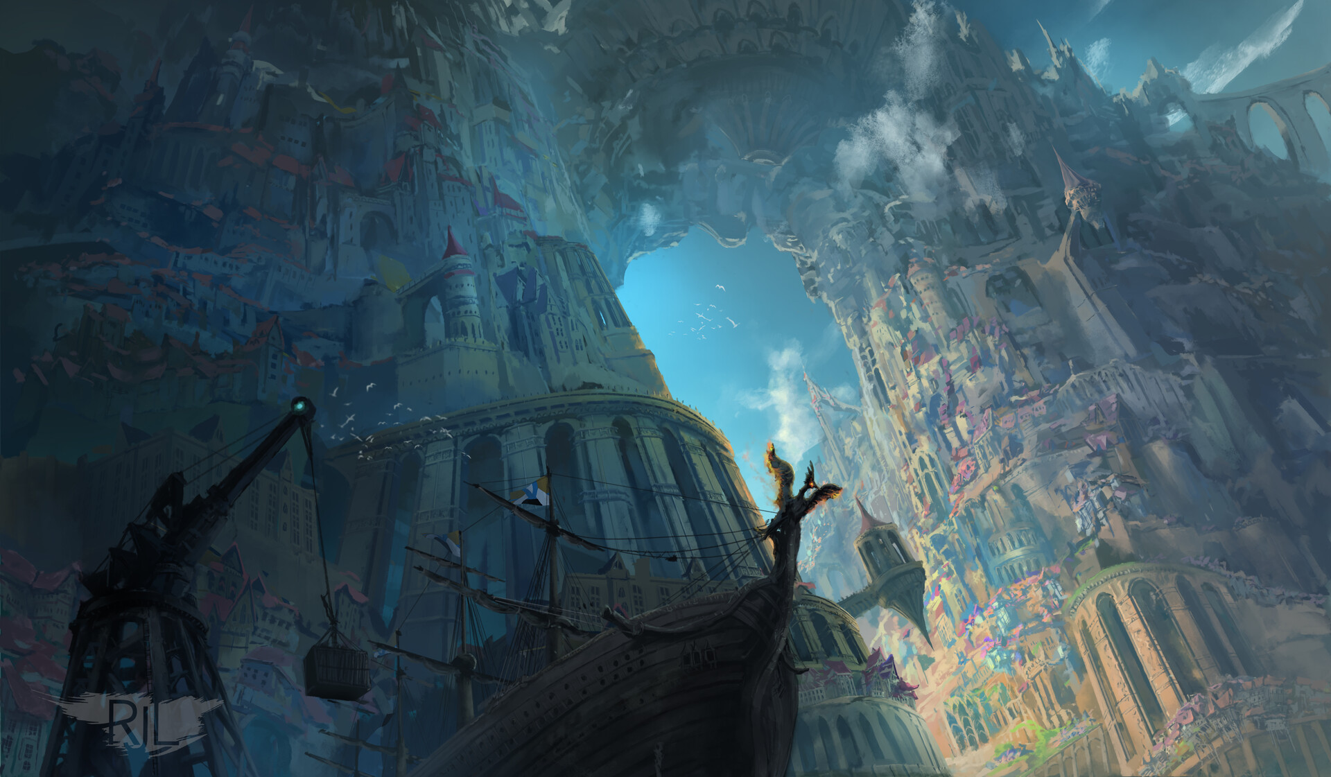 Ryan Lowe Digital Art Fantasy Art Fantasy City Cityscape Ship 1920x1121