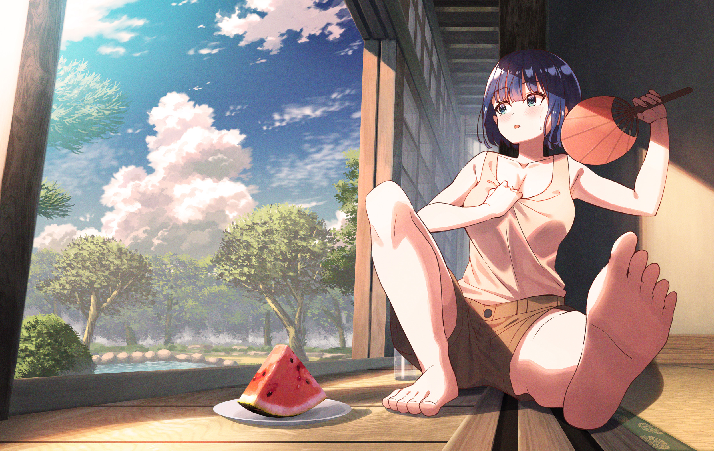 Koh Rd Anime Anime Girls Sitting Legs Feet Short Hair 2500x1582