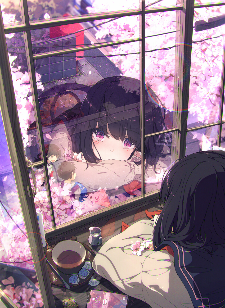 Anime Anime Girls Vertical Original Characters Reflection Sailor Uniform Cherry Blossom Window Pote  950x1300