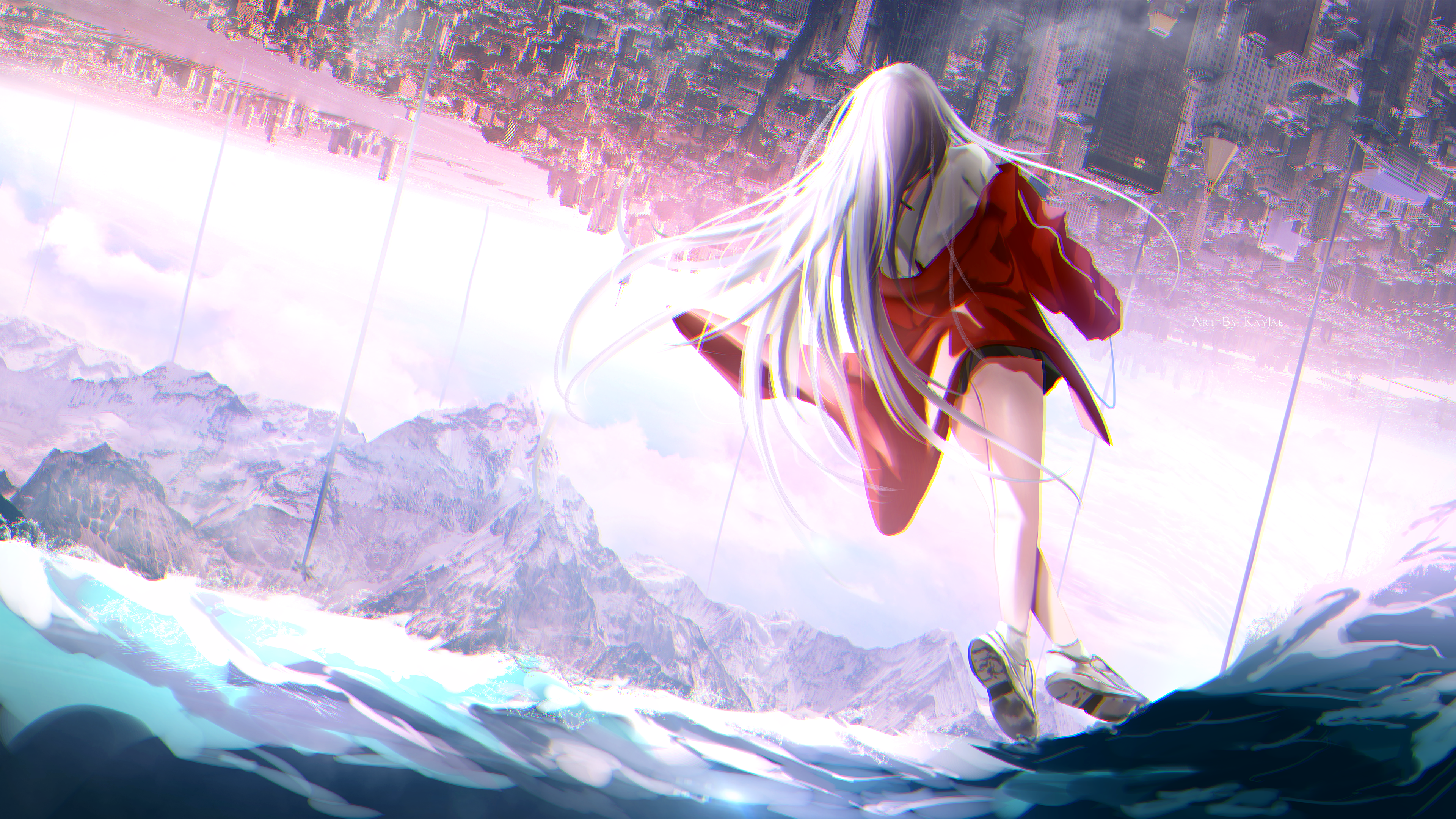 Anime Anime Girls Mountains Red Dress Blonde Long Hair City Sky Clouds Sneakers Walking Sea 3840x2160