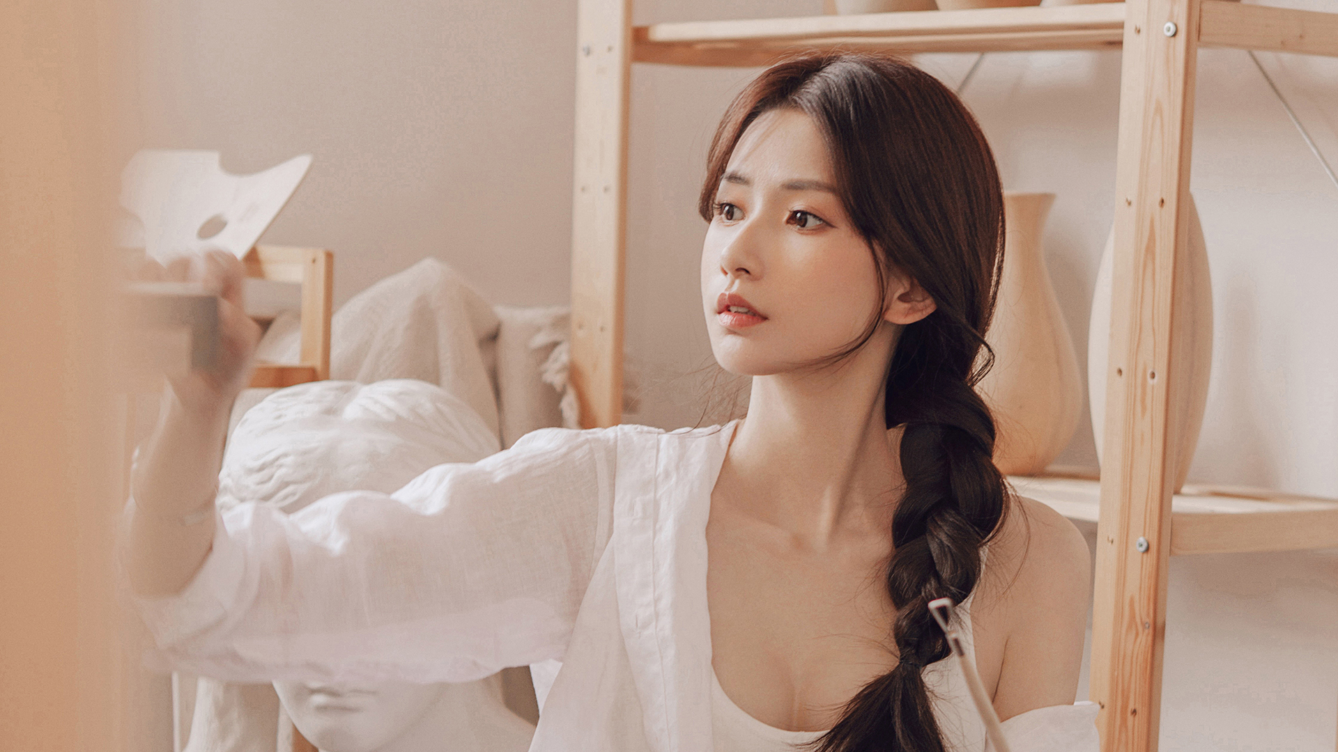 Chinese Model Asian White Shirt Women Indoors Collarbone Women 1920x1080