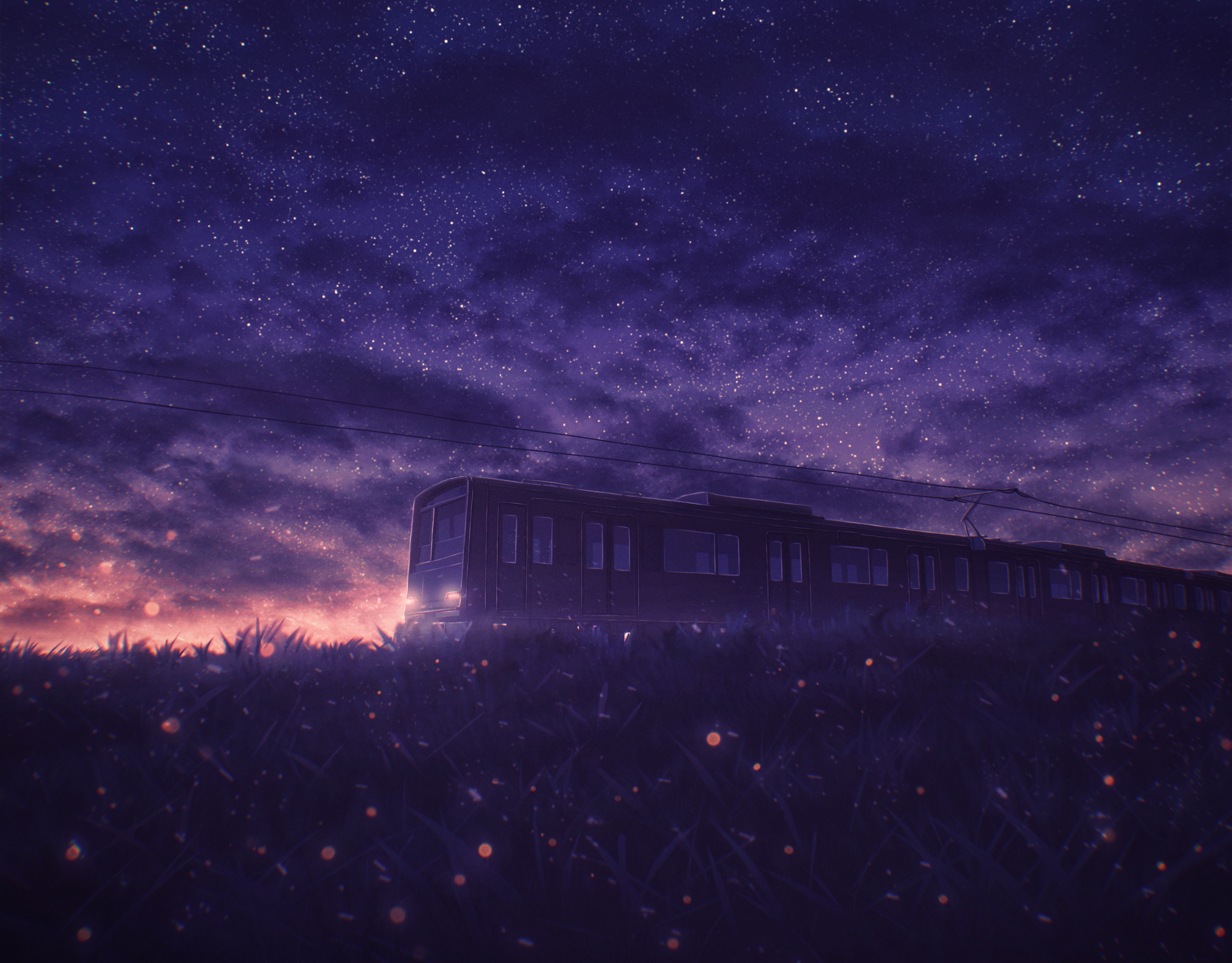 Sunset Train Starry Sky Night Sky 2687x2100