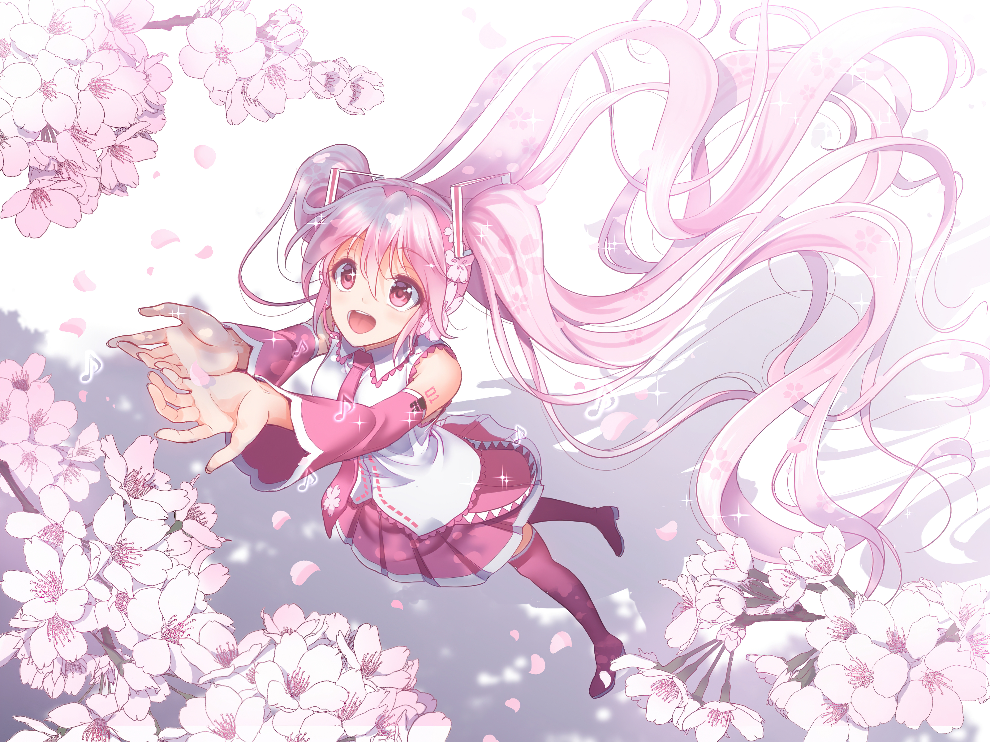 Vocaloid Sakura Miku Anime Girls Anime Long Hair Flowers Plants Fantasy Girl White Background Simple 3200x2400