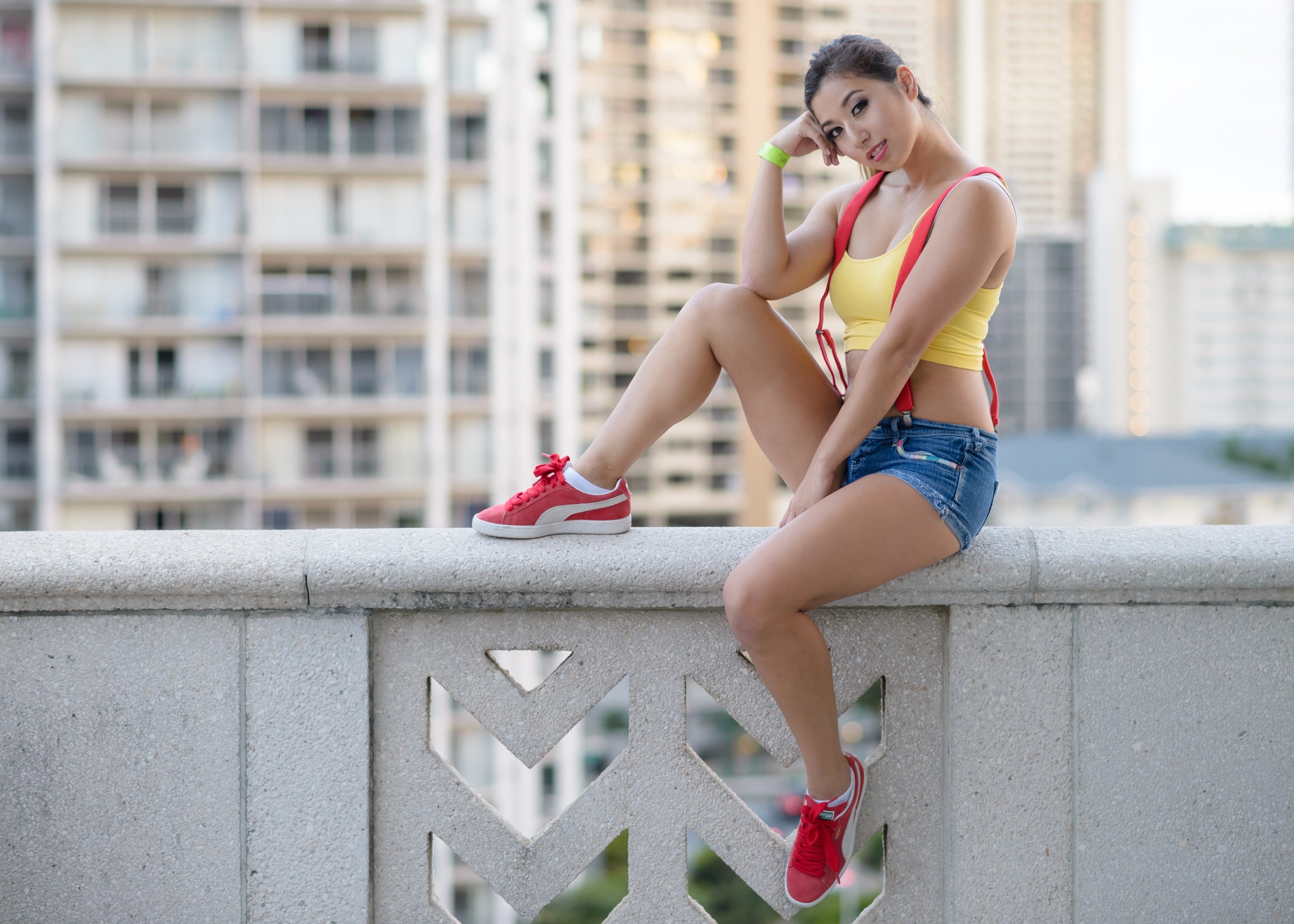 Asian Model Women Sitting Long Hair Brunette Depth Of Field Yellow Tops Sneakers Building Bracelets  2048x1463