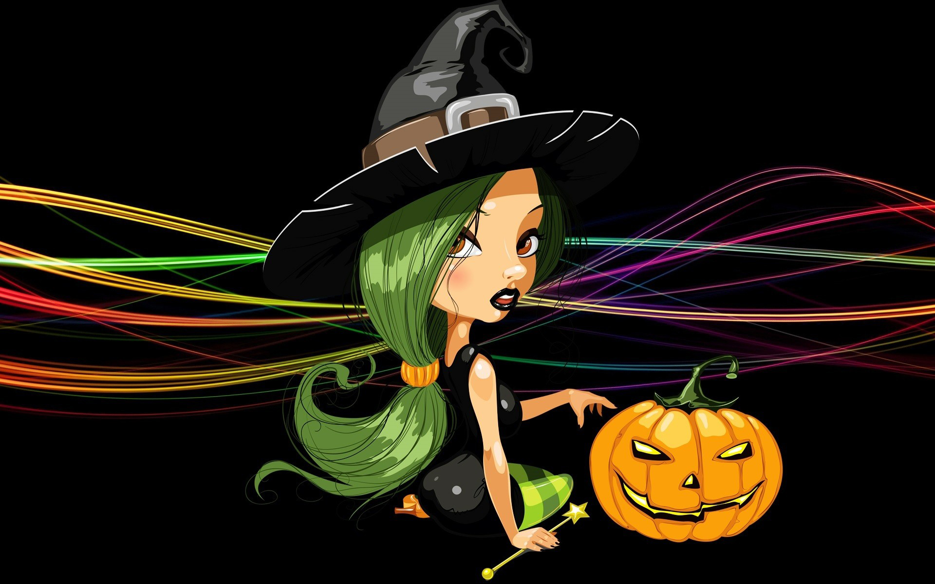 Witch Pumpkin Digital Art Halloween Black Background Wavy Lines Jack O Lantern 1920x1200