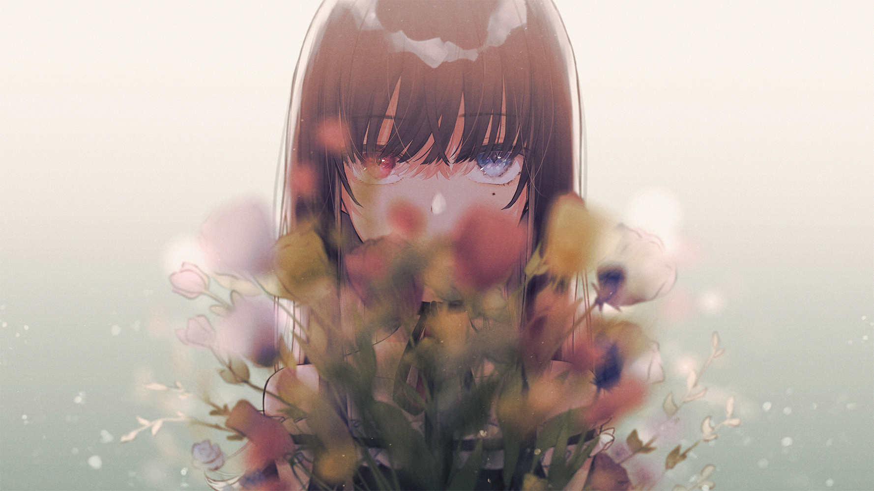 Anime Anime Girls Heterochromia Long Hair Flowers White Background Looking At Viewer Depth Of Field  1778x1000