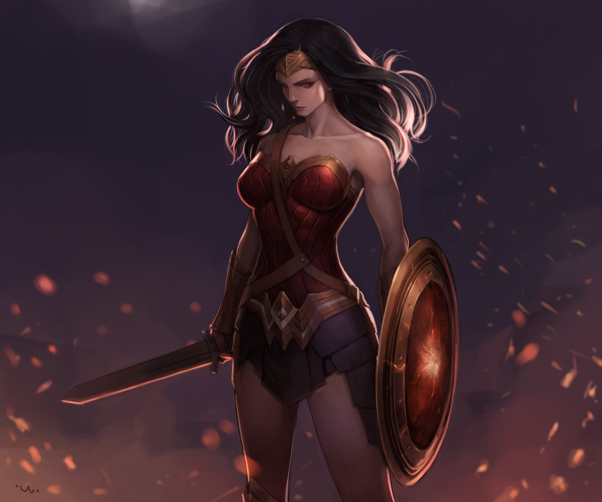 Woman Warrior Dc Comics Shield Sword Black Hair 1920x1602